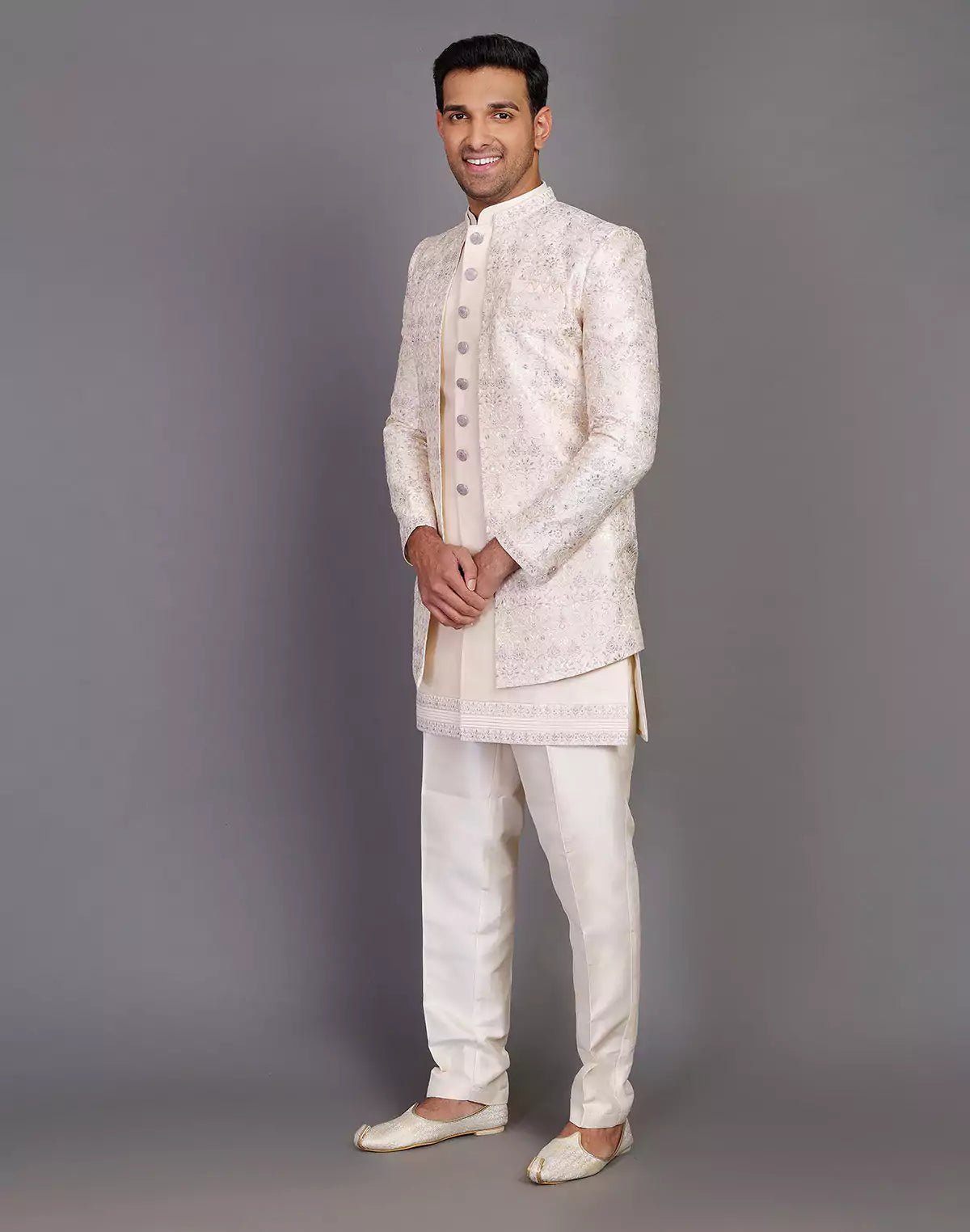 Image of Elegant Fawn Color Raw Silk Embroidery Work Indo - open Jacket Set - South India Shopping Mall