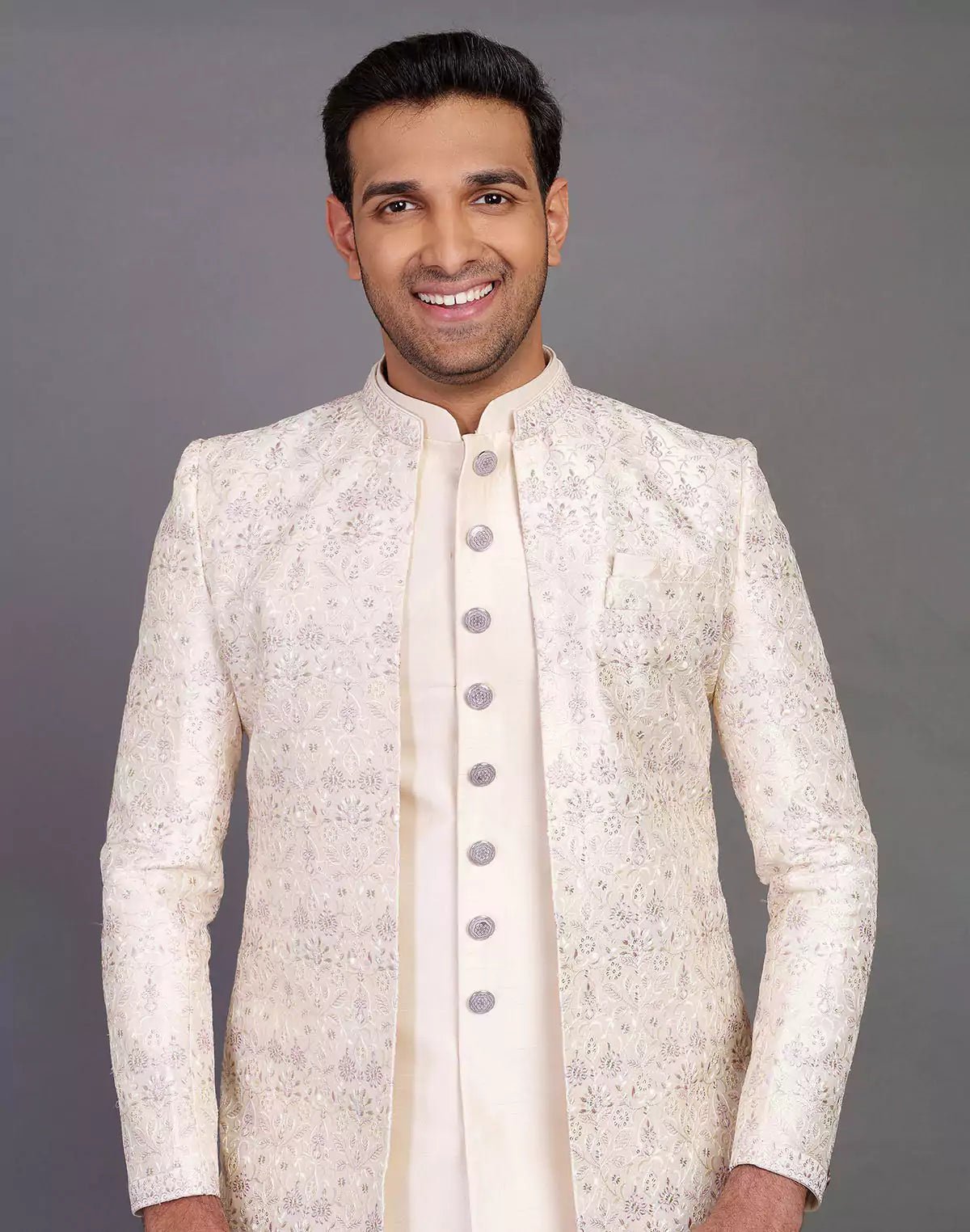 Image of Elegant Fawn Color Raw Silk Embroidery Work Indo - open Jacket Set - South India Shopping Mall
