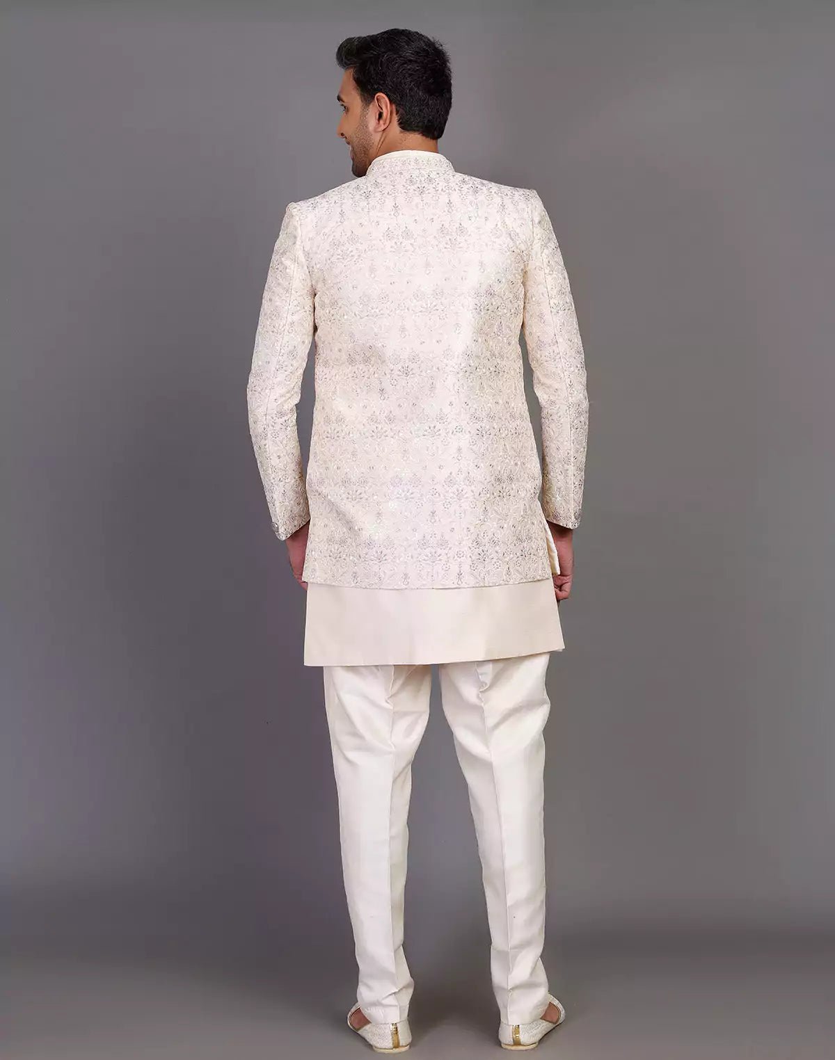 Image of Elegant Fawn Color Raw Silk Embroidery Work Indo - open Jacket Set - South India Shopping Mall