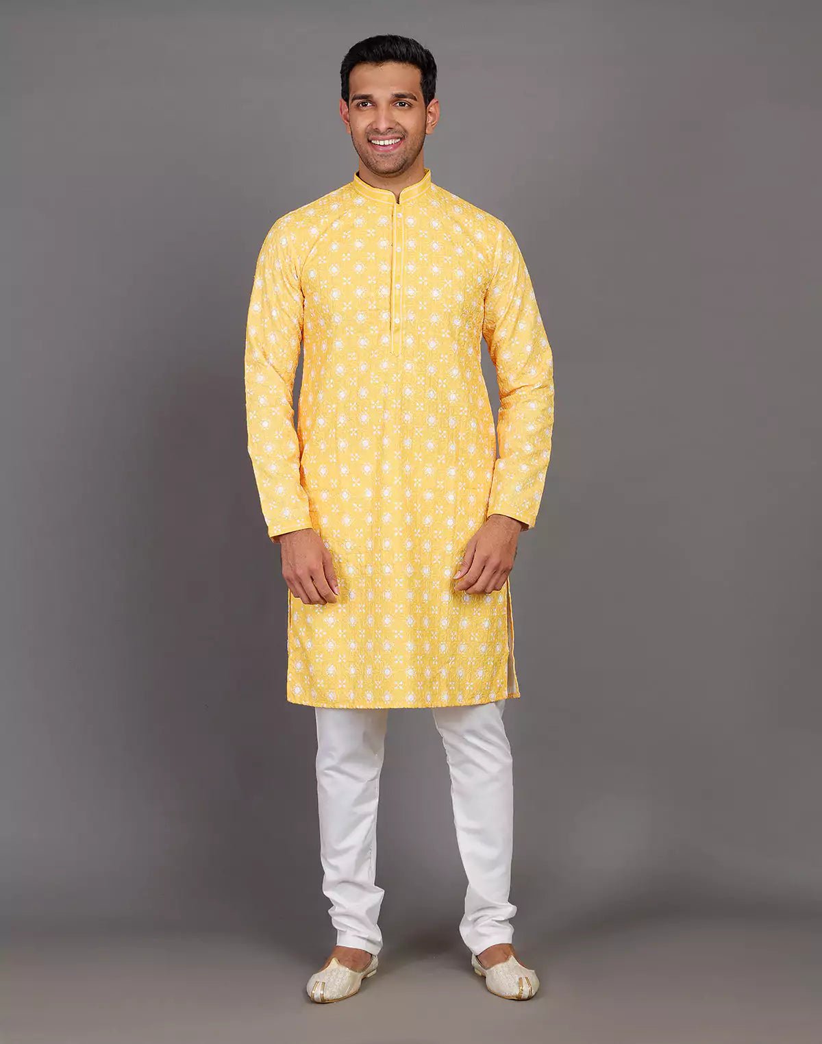 Image of elegant floral weaving yellow kurta pyjama set - South India Shopping Mall