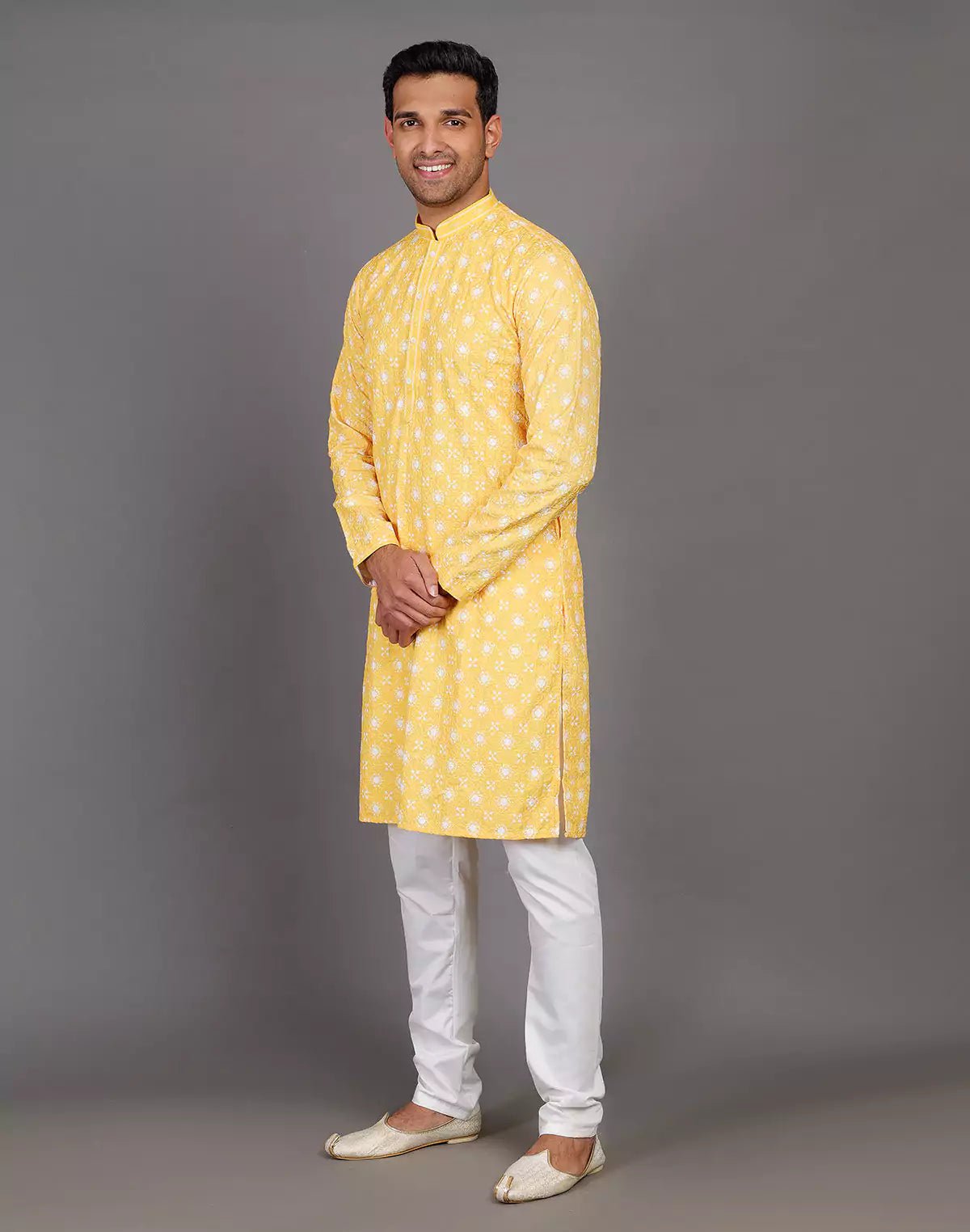 Image of elegant floral weaving yellow kurta pyjama set - South India Shopping Mall