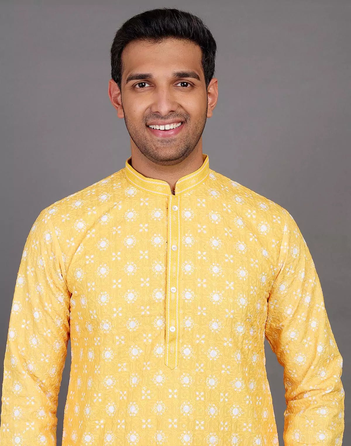 Image of elegant floral weaving yellow kurta pyjama set - South India Shopping Mall