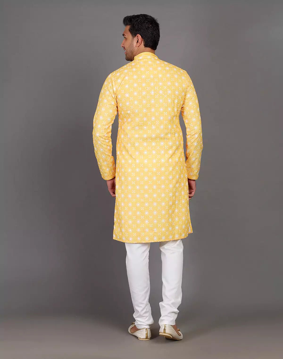 Image of elegant floral weaving yellow kurta pyjama set - South India Shopping Mall