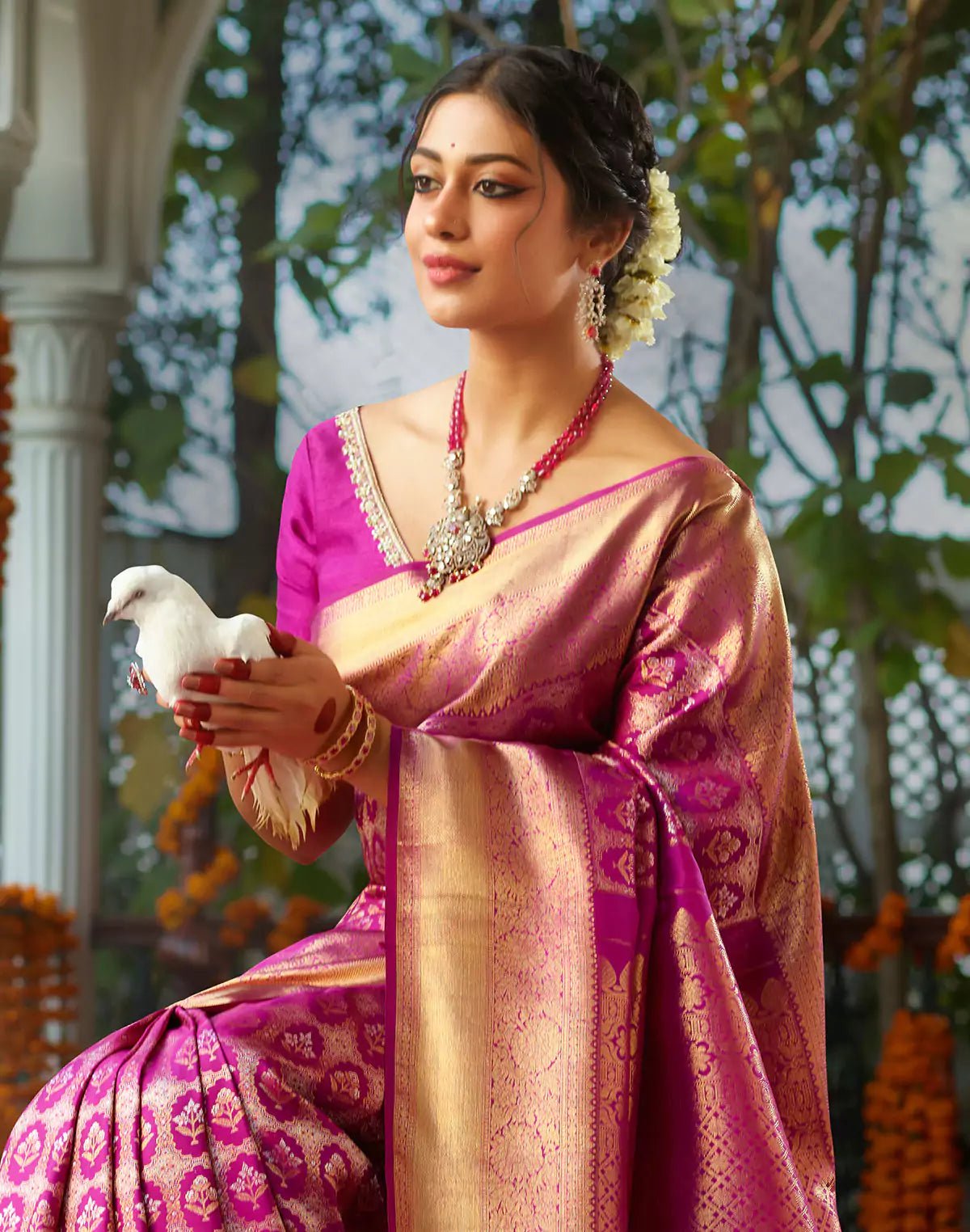 Image of Elegant Magenta Floral Design Pure Silk Kanjivaram Saree - South India Shopping Mall