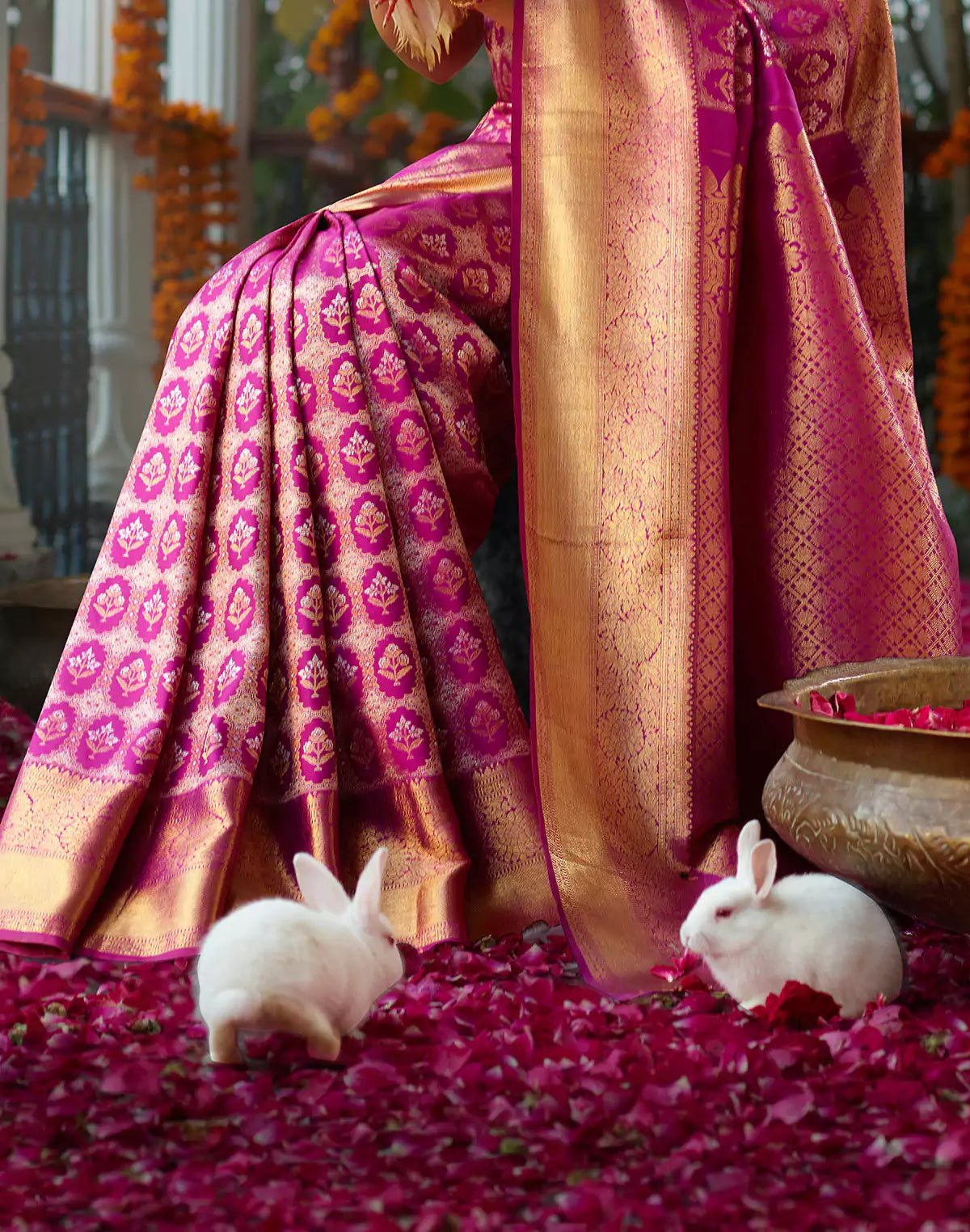 Image of Elegant Magenta Floral Design Pure Silk Kanjivaram Saree - South India Shopping Mall