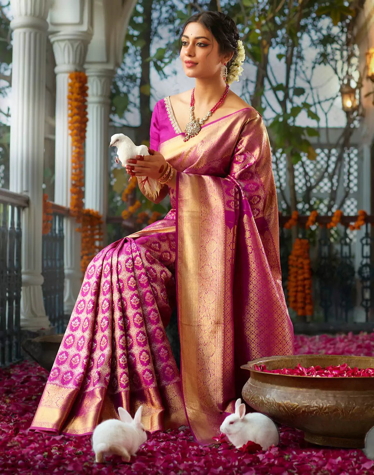 Image of Elegant Magenta Floral Design Pure Silk Kanjivaram Saree - South India Shopping Mall