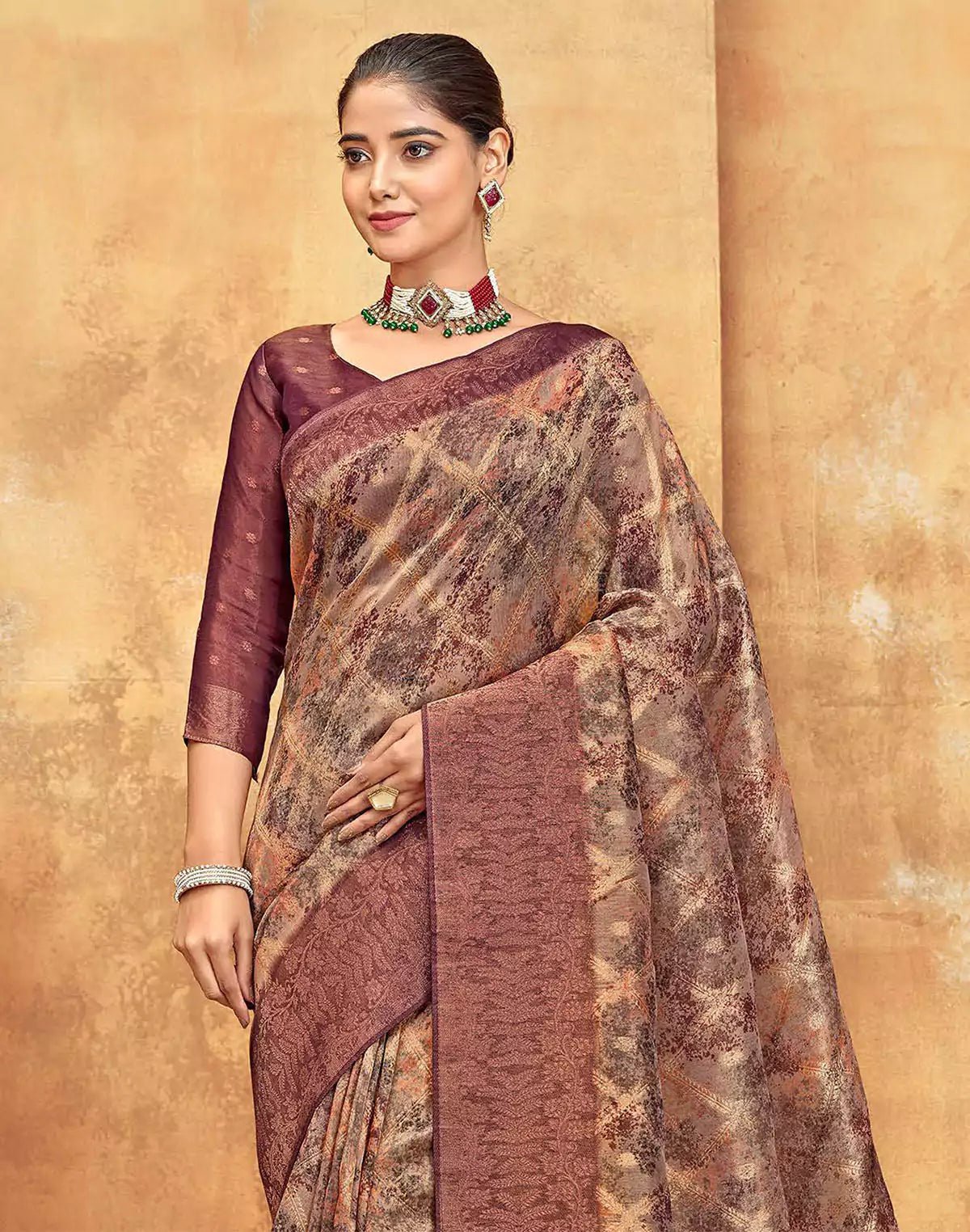 Elegant Maroon Coloured Organza Saree - South India Shopping Mall