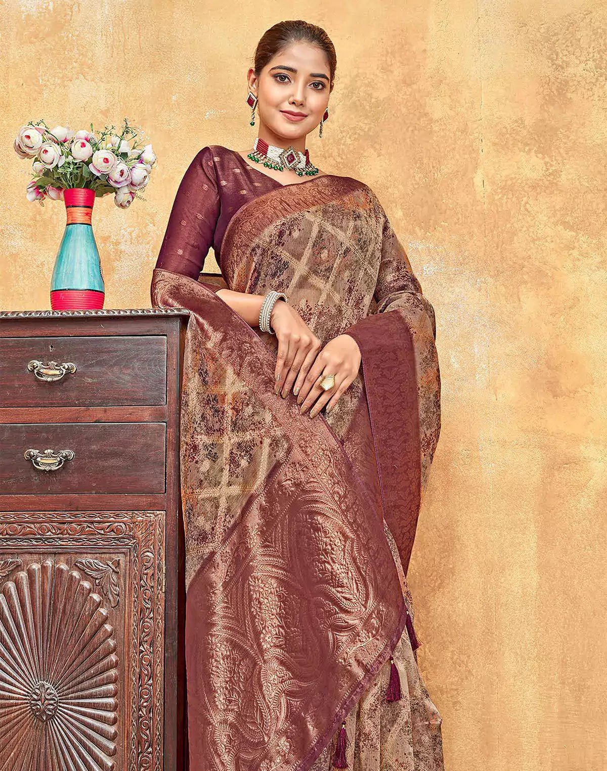 Image of Elegant Maroon Coloured Organza Saree - South India Shopping Mall