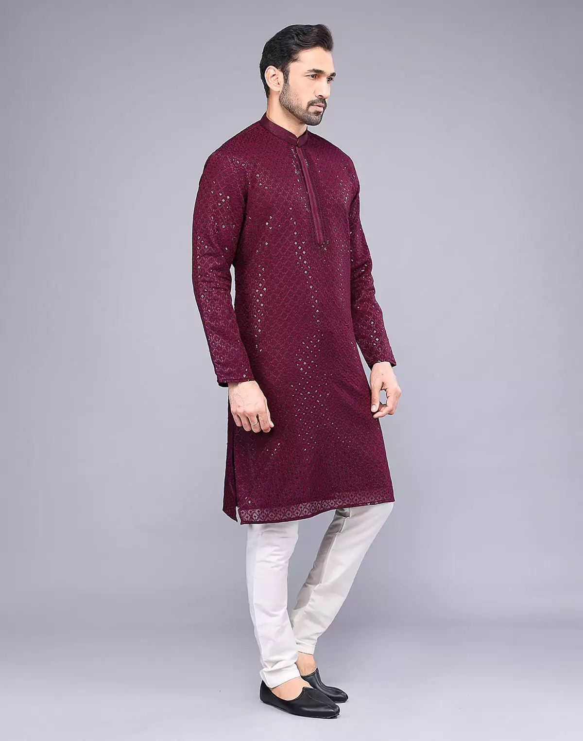 Image of Elegant Maroon Embellished Work Georgette Kurta Pyjama Set - South India Shopping Mall
