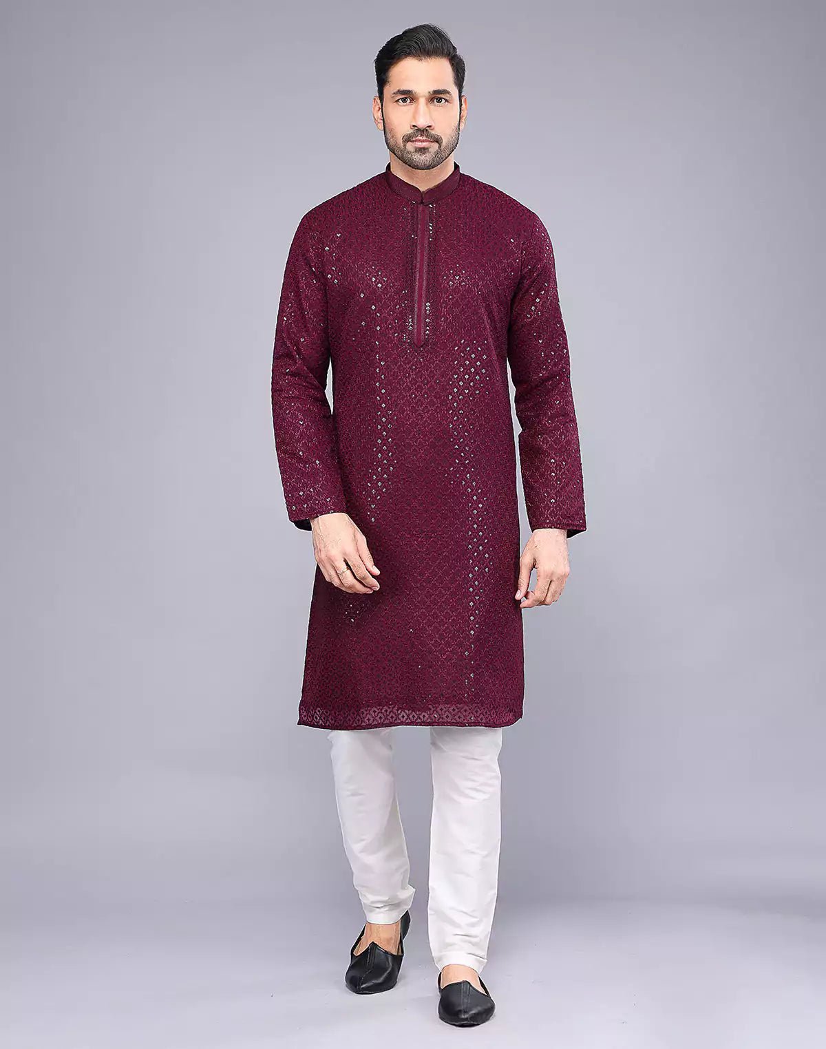 Image of Elegant Maroon Embellished Work Georgette Kurta Pyjama Set - South India Shopping Mall