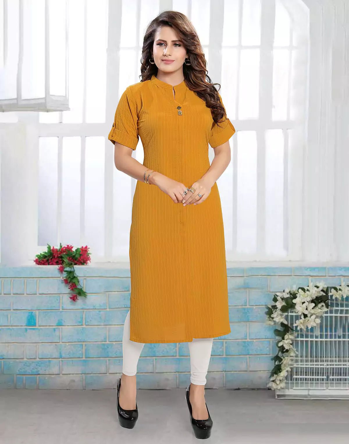 Image of Elegant Mustard Coloured Cotton Silk Kurti - South India Shopping Mall