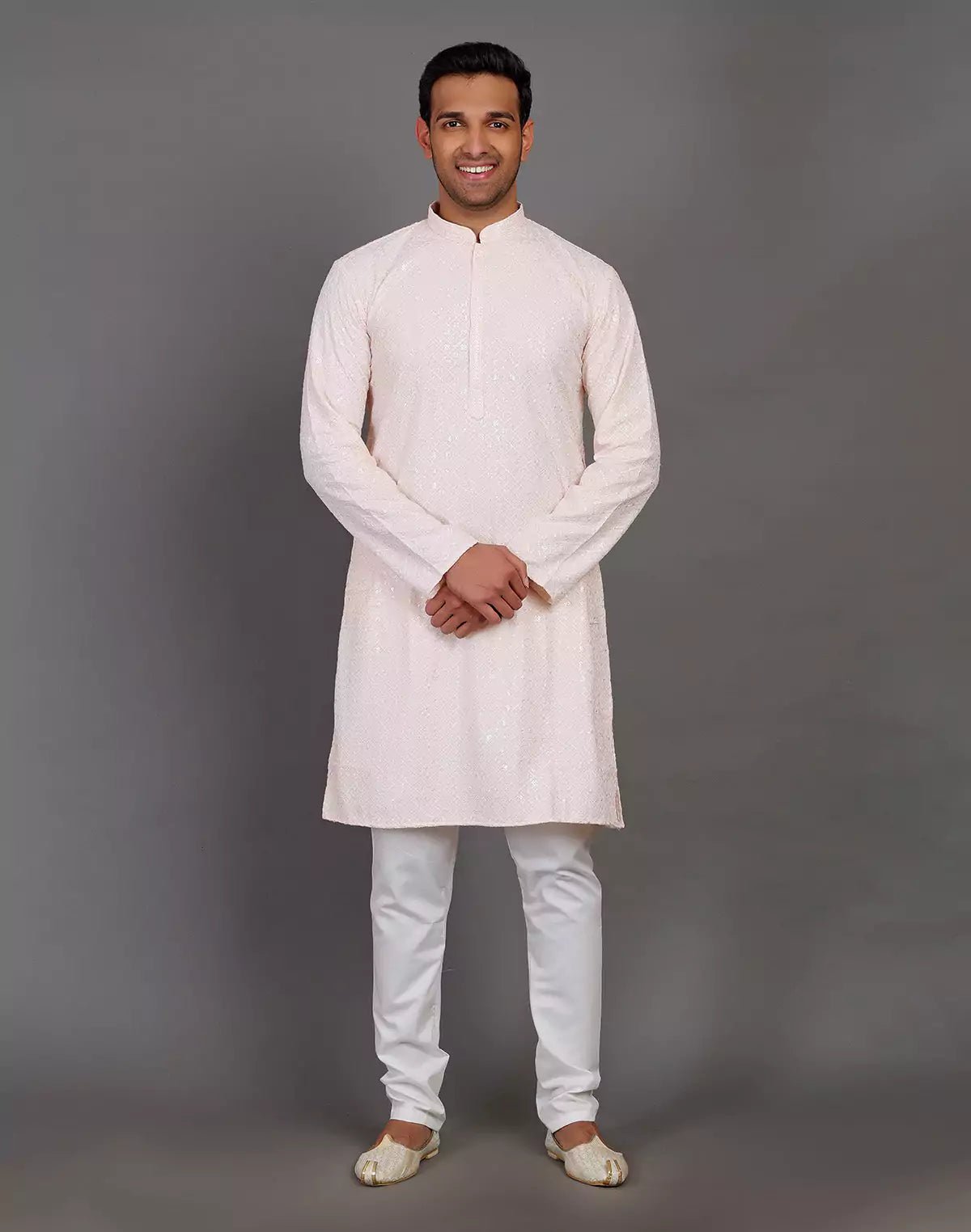 Image of Elegant Peach Thread and Sequence Design Georgette Kurta Pyjama Set - South India Shopping Mall