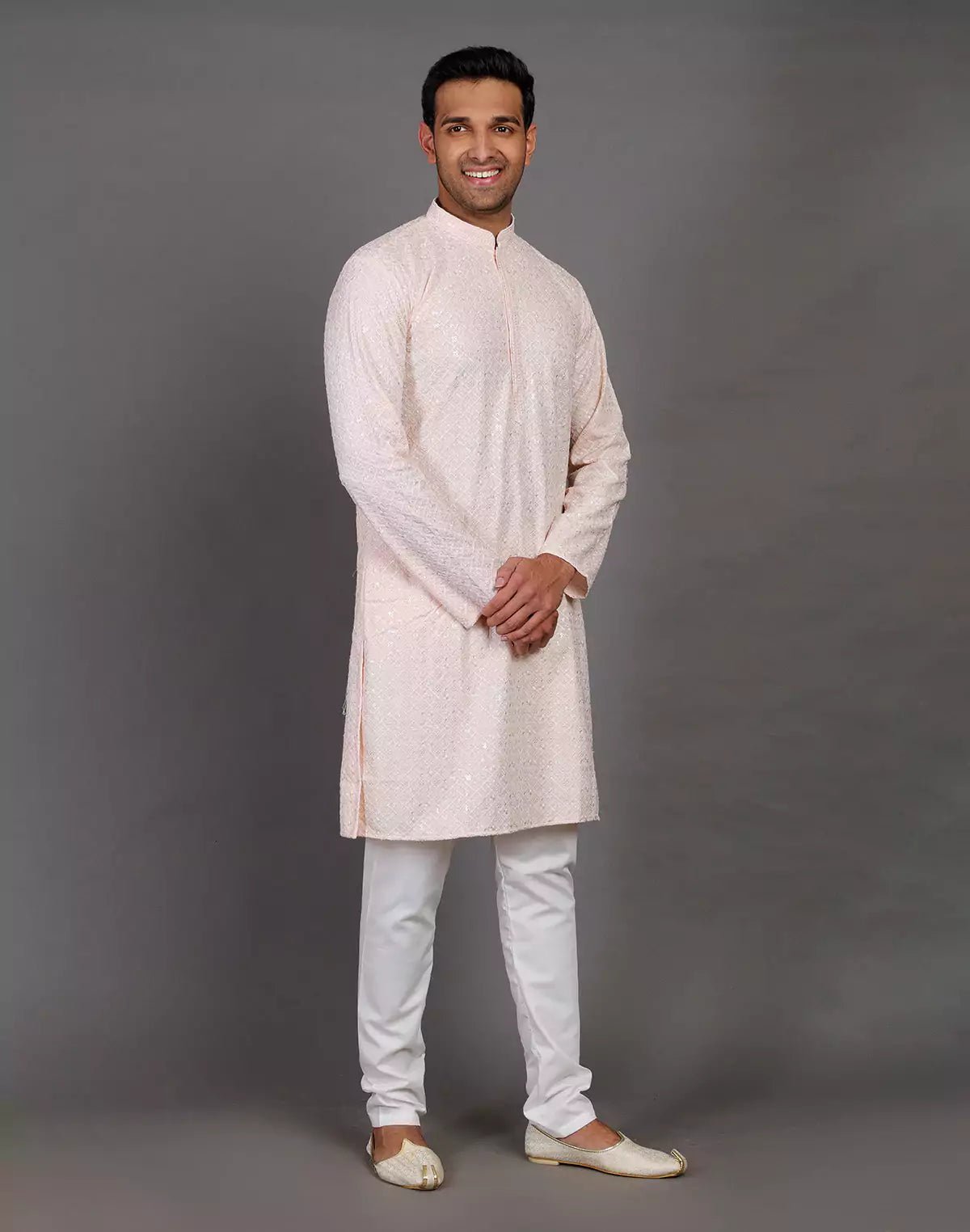 Image of Elegant Peach Thread and Sequence Design Georgette Kurta Pyjama Set - South India Shopping Mall