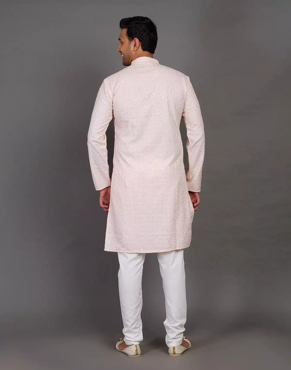 Image of Elegant Peach Thread and Sequence Design Georgette Kurta Pyjama Set - South India Shopping Mall