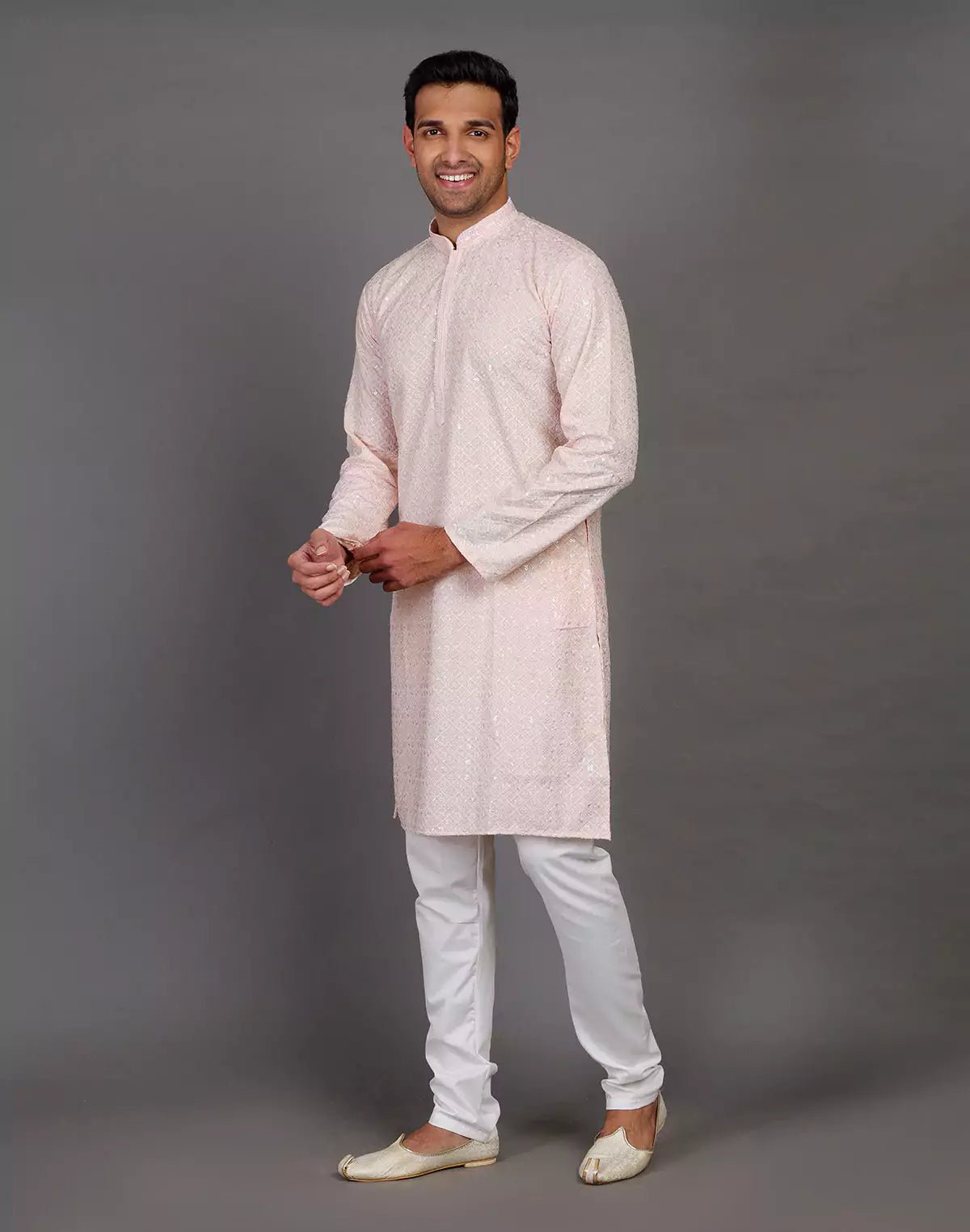 Image of Elegant Peach Thread and Sequence Design Georgette Kurta Pyjama Set - South India Shopping Mall