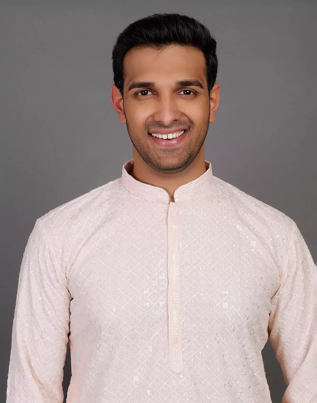 Image of Elegant Peach Thread and Sequence Design Georgette Kurta Pyjama Set - South India Shopping Mall