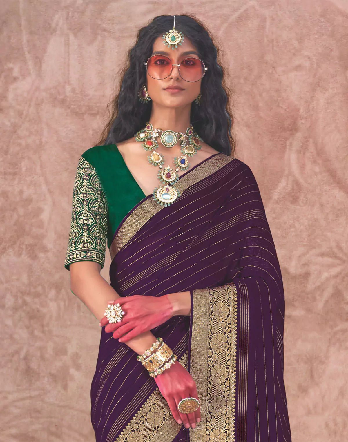 Image of Elegant Purple and Green Chiffon Saree with Embroidery Blouse - South India Shopping Mall