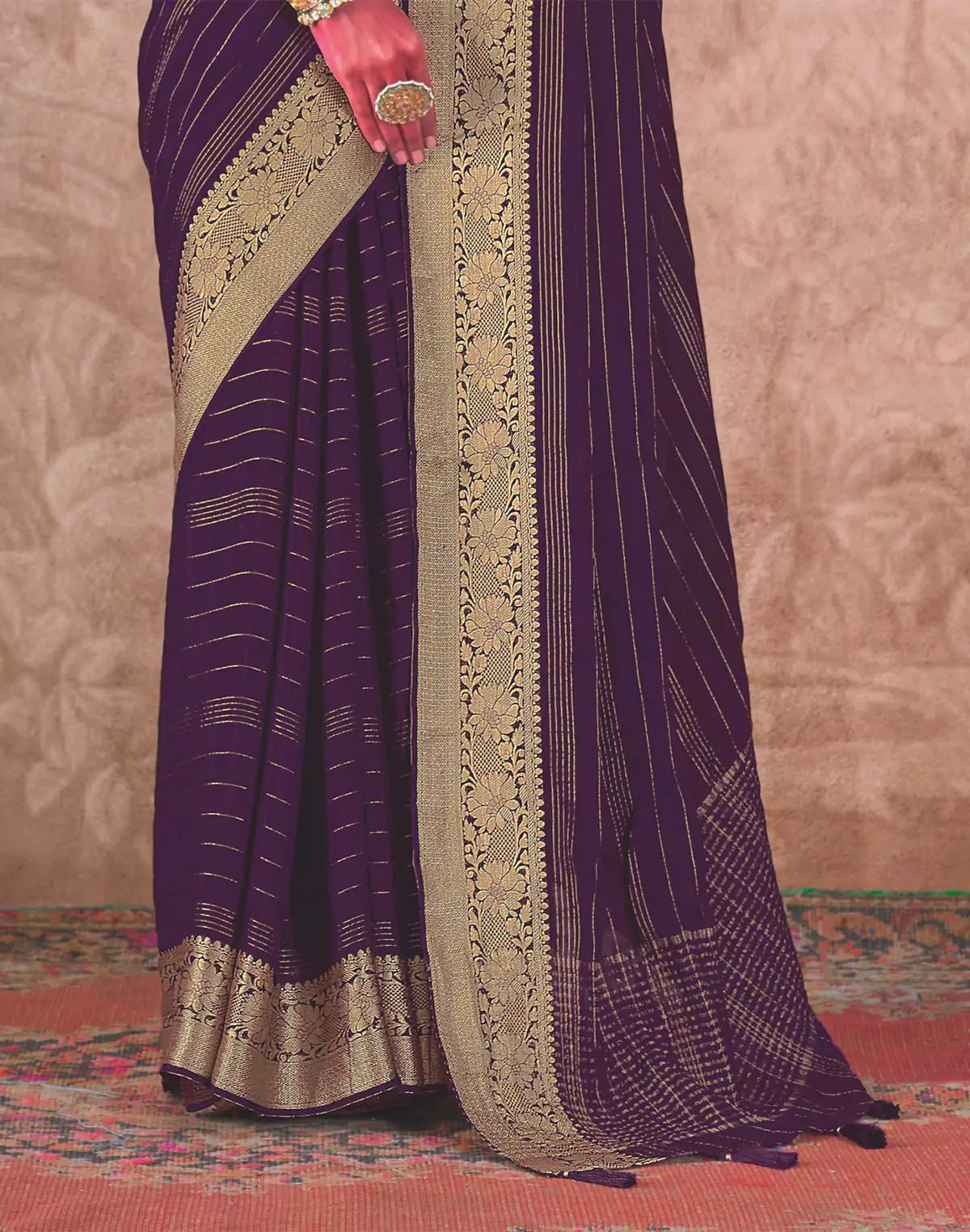 Image of Elegant Purple and Green Chiffon Saree with Embroidery Blouse - South India Shopping Mall