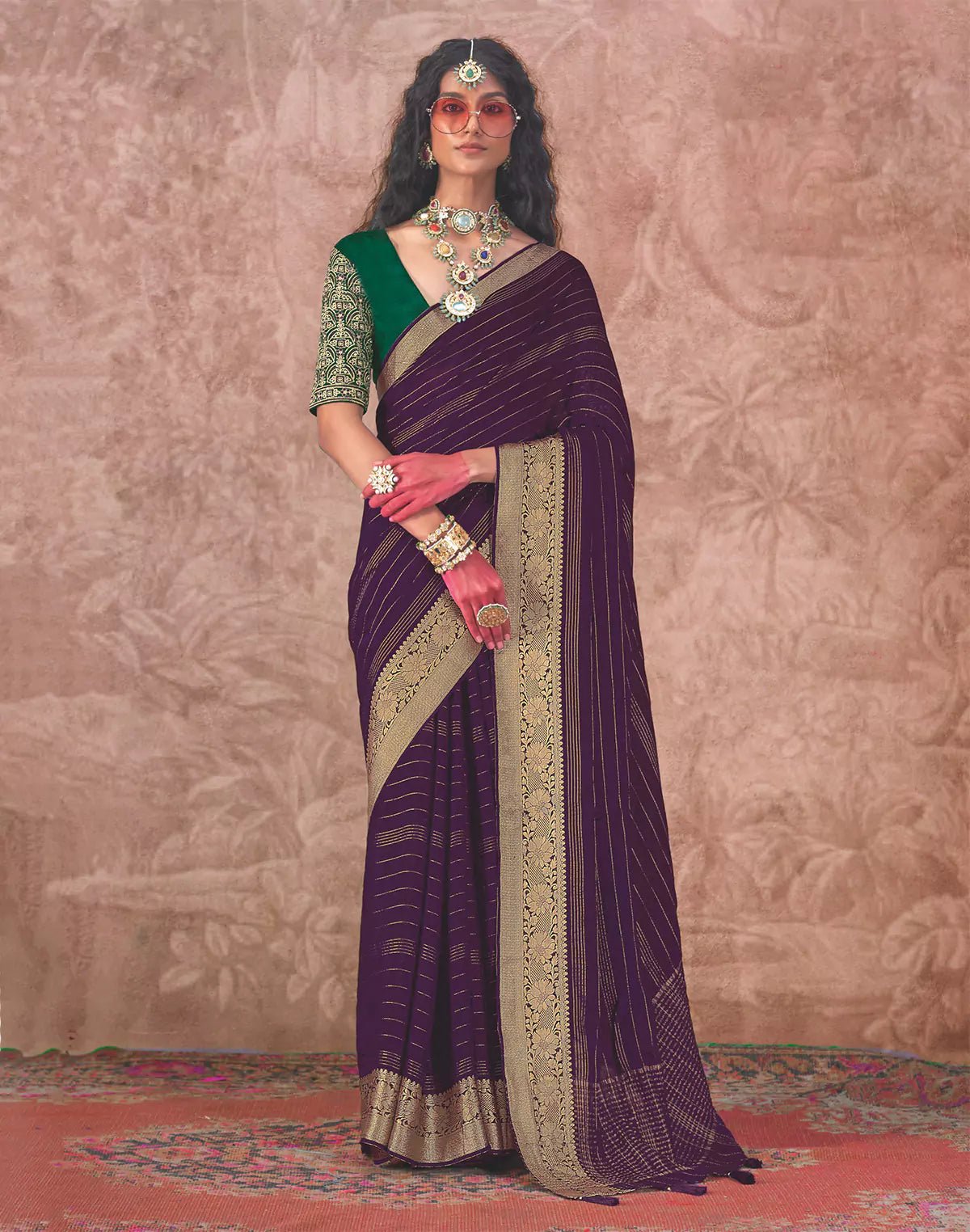Image of Elegant Purple and Green Chiffon Saree with Embroidery Blouse - South India Shopping Mall