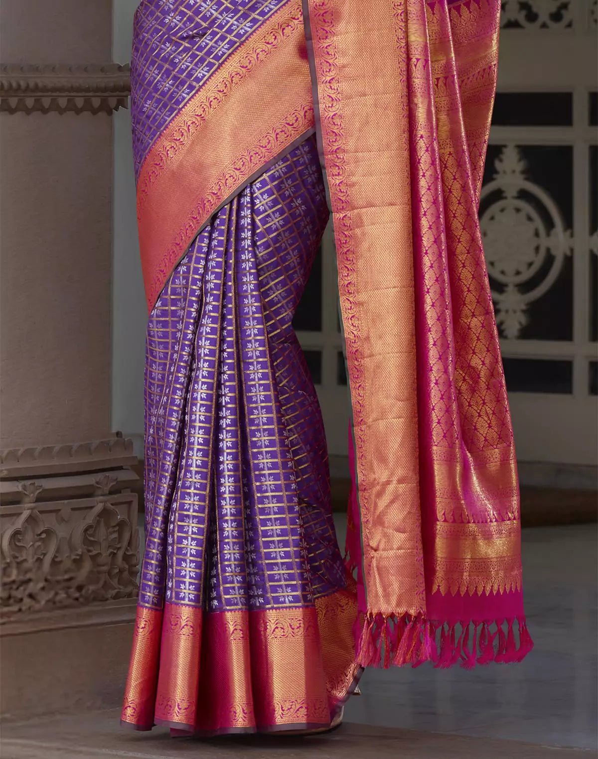 Elegant Purple Kanchipuram Pure Silk Saree With Contrast Border - South India Shopping Mall