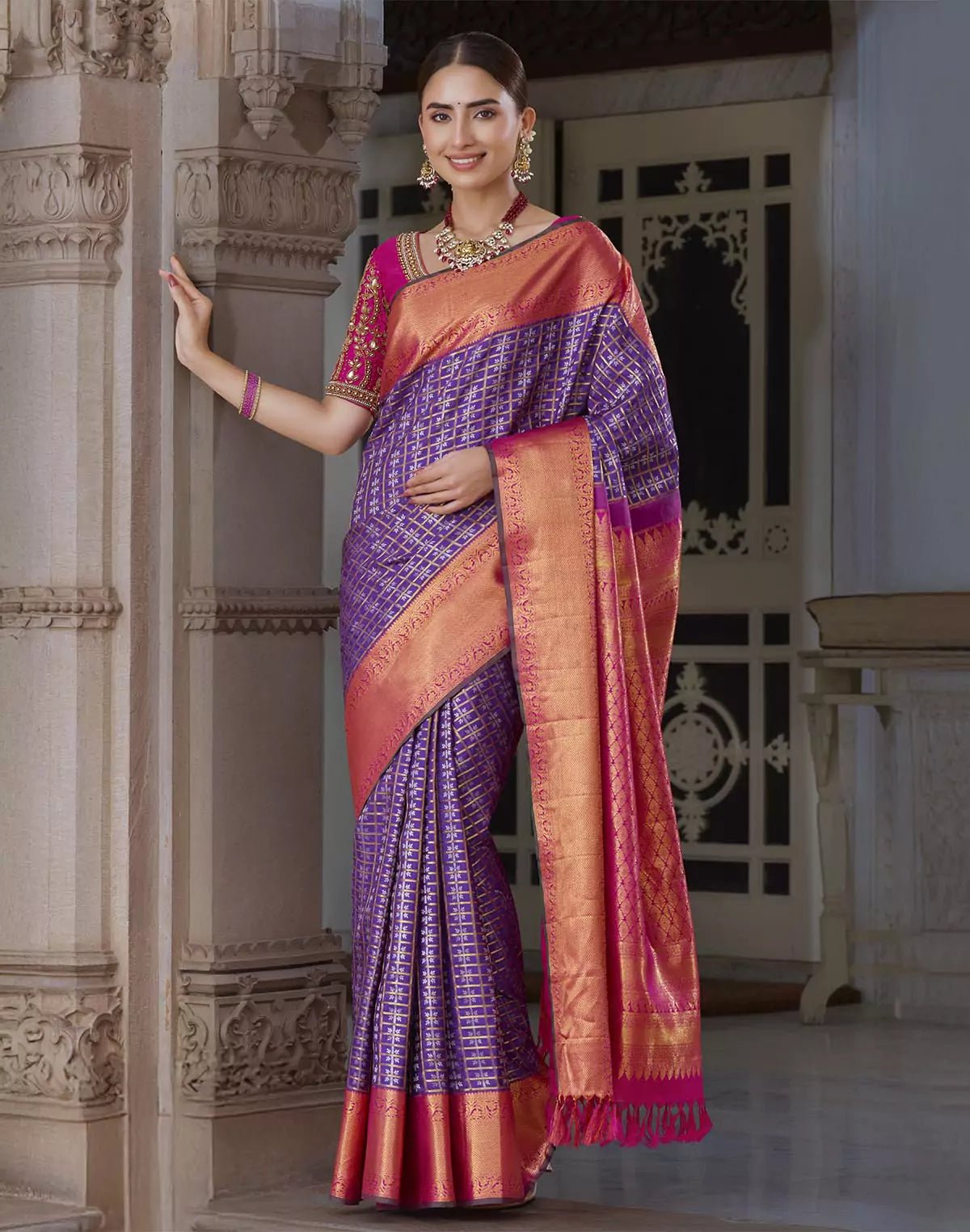 Image of Elegant Purple Kanchipuram Pure Silk Saree With Contrast Border - South India Shopping Mall