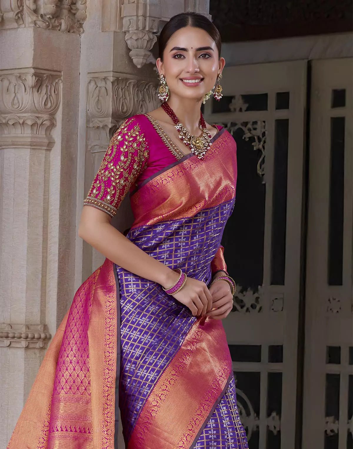 Elegant Purple Kanchipuram Pure Silk Saree With Contrast Border - South India Shopping Mall