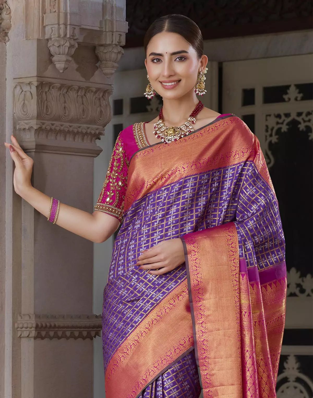 Image of Elegant Purple Kanchipuram Pure Silk Saree With Contrast Border - South India Shopping Mall