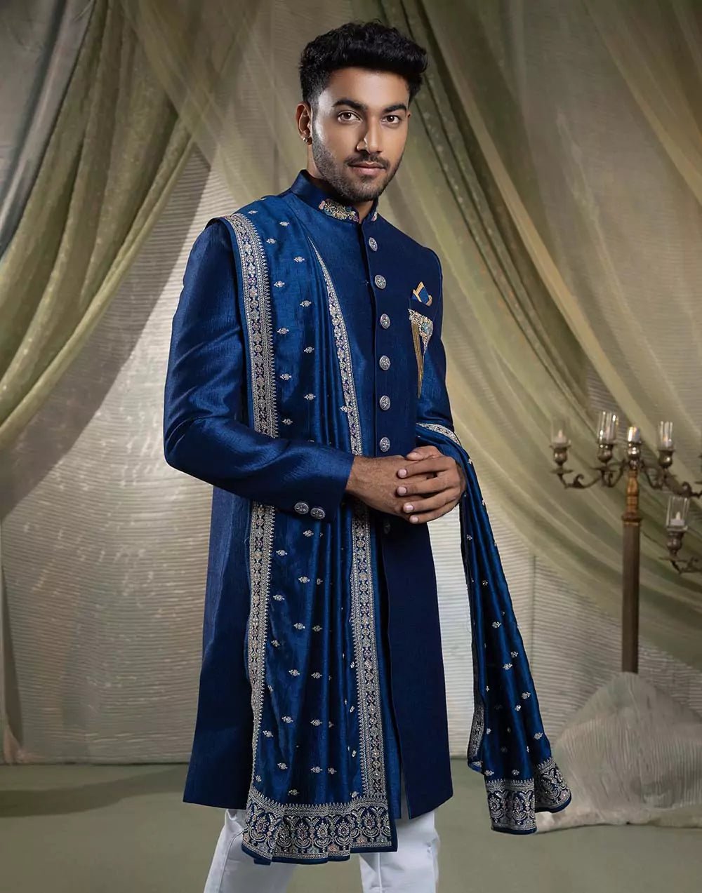 Image of Elegant Rama Blue Soft Silk Indo Western Set With Embroidery Work Dupatta - South India Shopping Mall