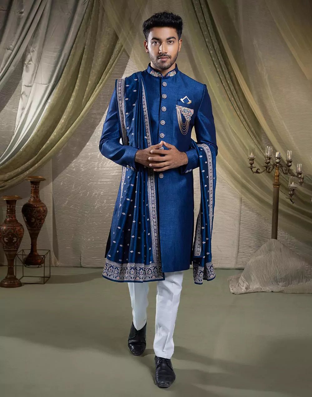 Image of Elegant Rama Blue Soft Silk Indo Western Set With Embroidery Work Dupatta - South India Shopping Mall