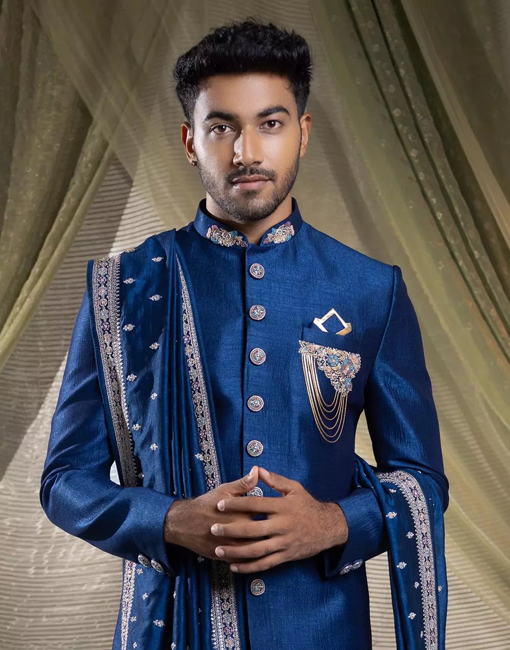 Image of Elegant Rama Blue Soft Silk Indo Western Set With Embroidery Work Dupatta - South India Shopping Mall