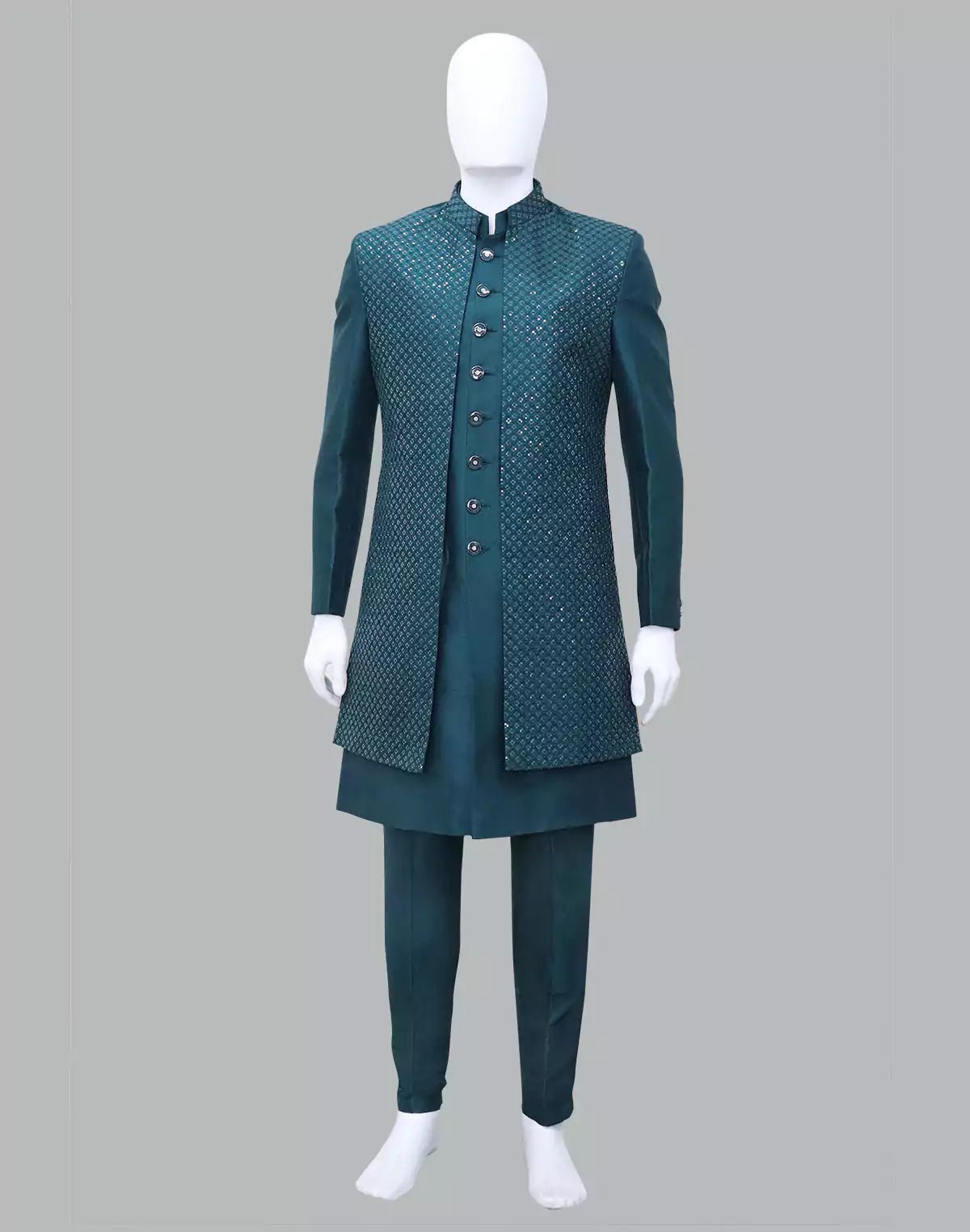 Image of Elegant Rama Self Patterned Sequence work Raw Silk Indo Open Jacket Style - South India Shopping Mall