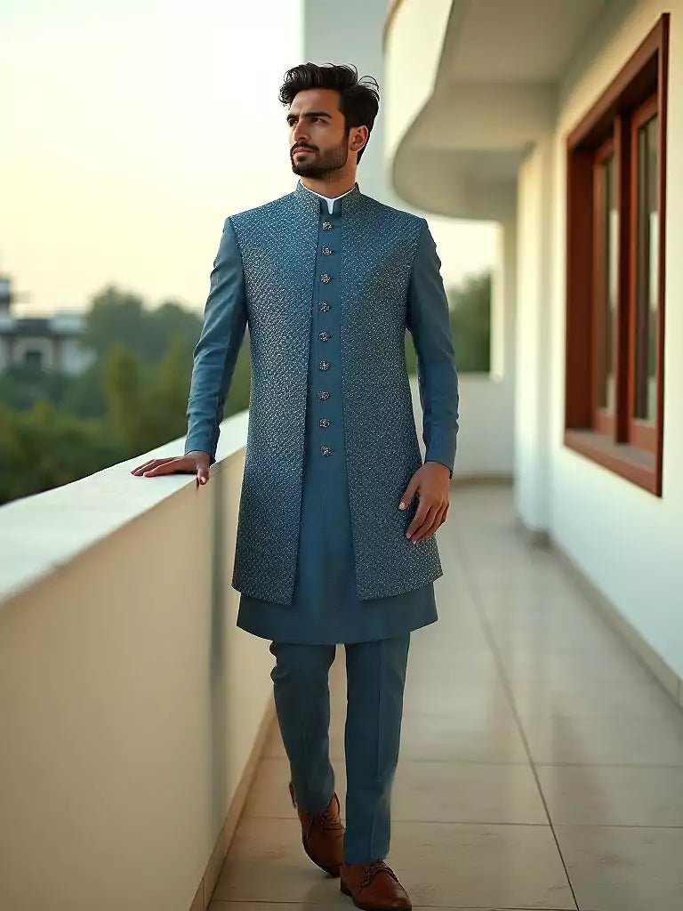 Image of Elegant Rama Self Patterned Sequence work Raw Silk Indo Open Jacket Style - South India Shopping Mall