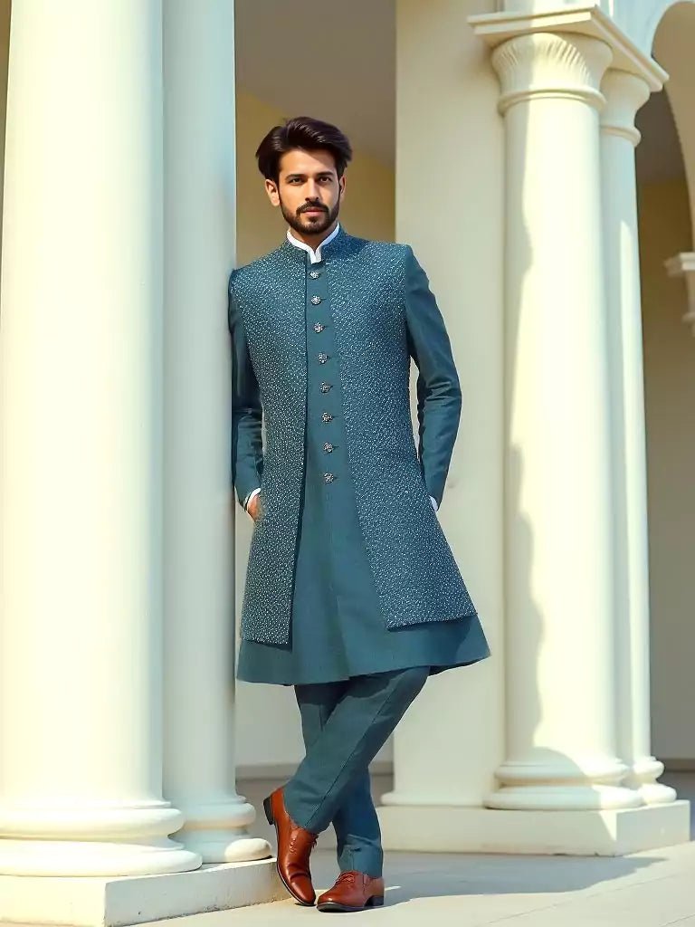 Image of Elegant Rama Self Patterned Sequence work Raw Silk Indo Open Jacket Style - South India Shopping Mall