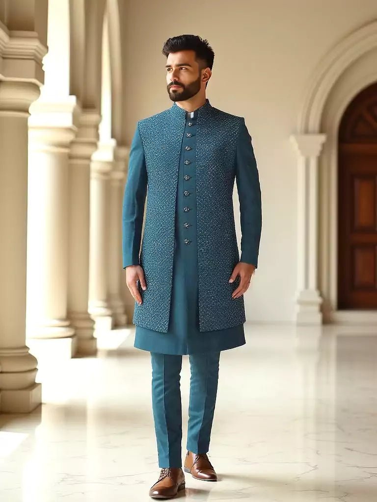 Image of Elegant Rama Self Patterned Sequence work Raw Silk Indo Open Jacket Style - South India Shopping Mall