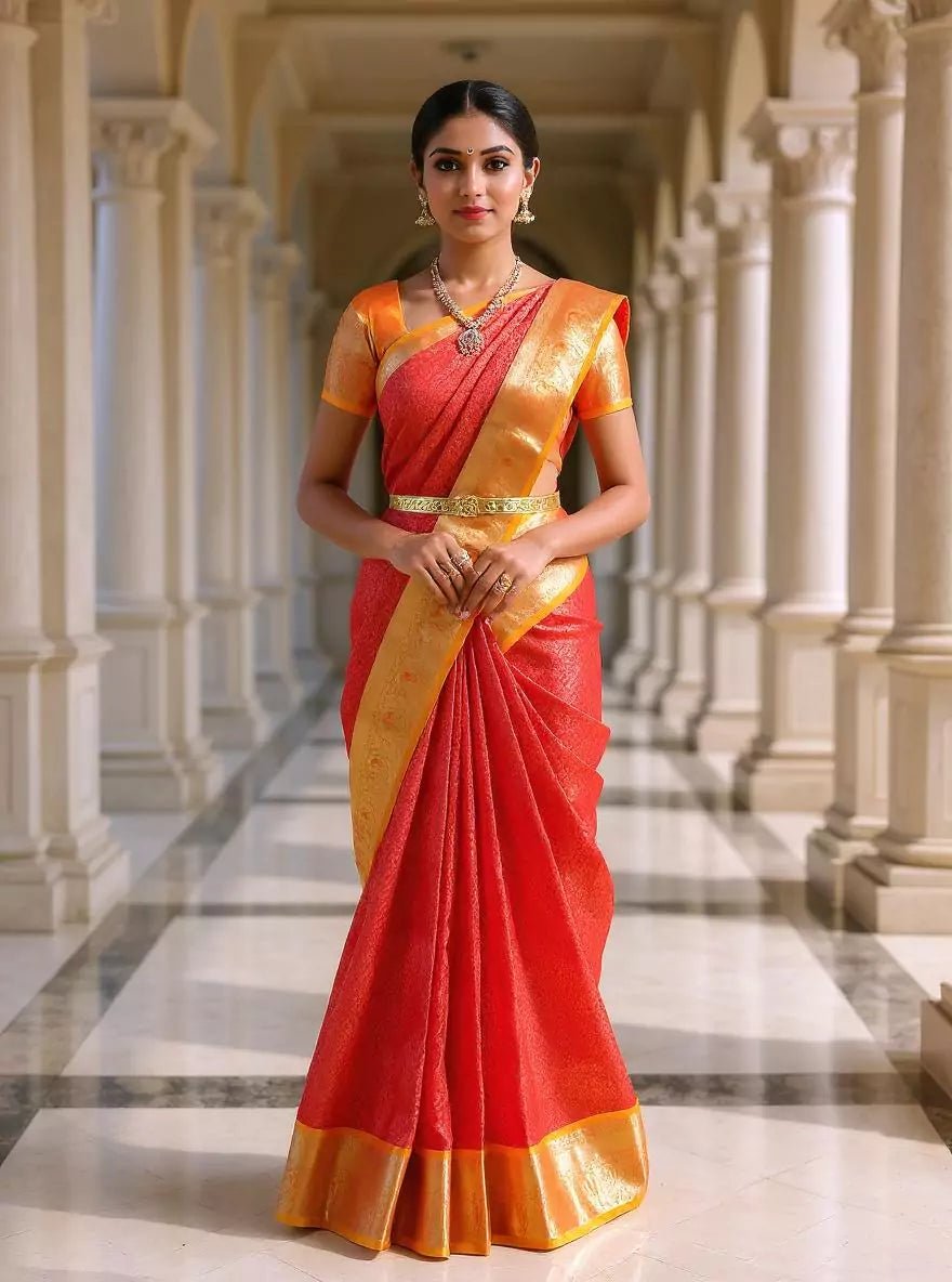Image of Elegant Red Color Golden Shade Kanchi Pattu Silk Saree - South India Shopping Mall