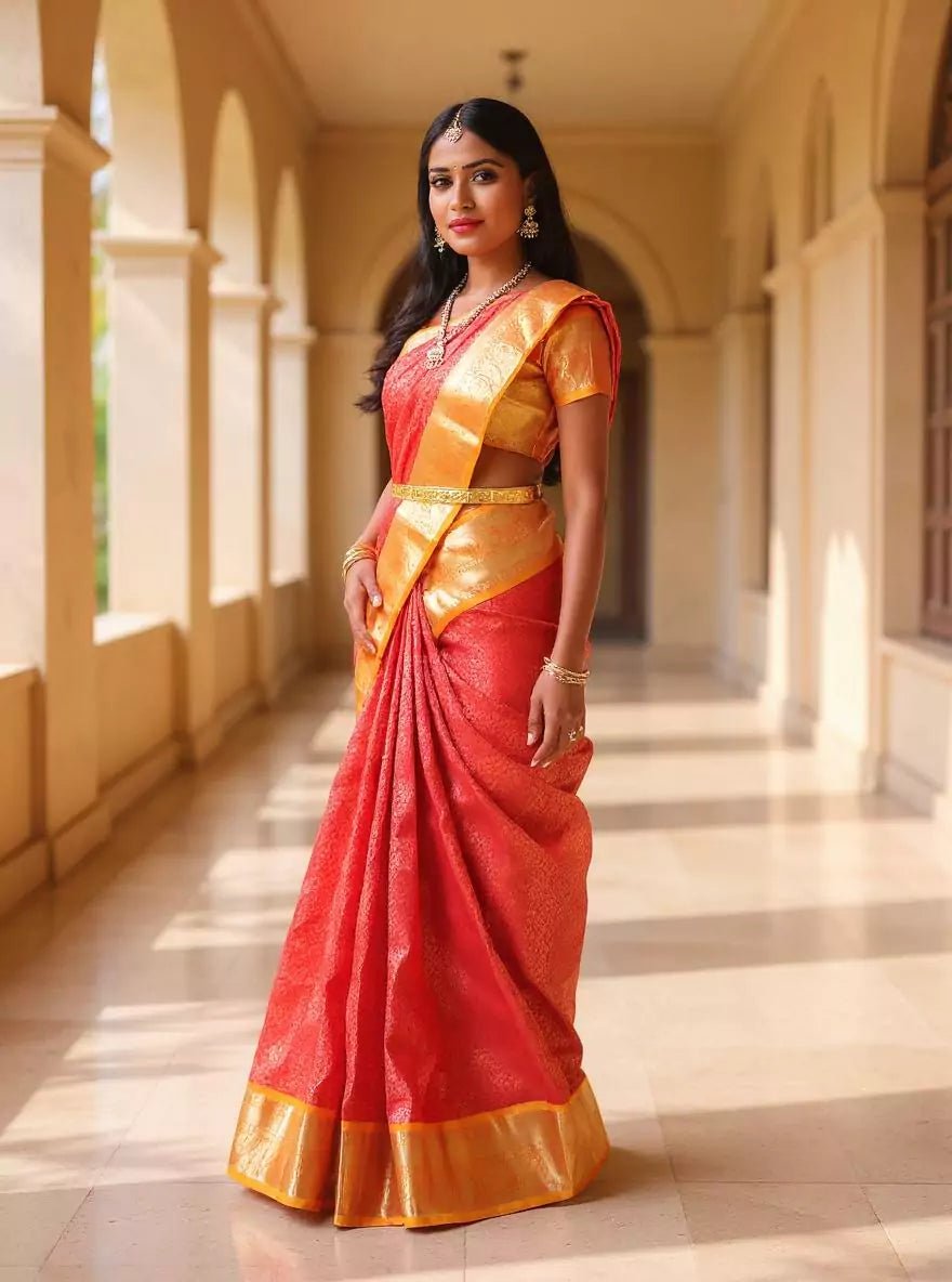Image of Elegant Red Color Golden Shade Kanchi Pattu Silk Saree - South India Shopping Mall