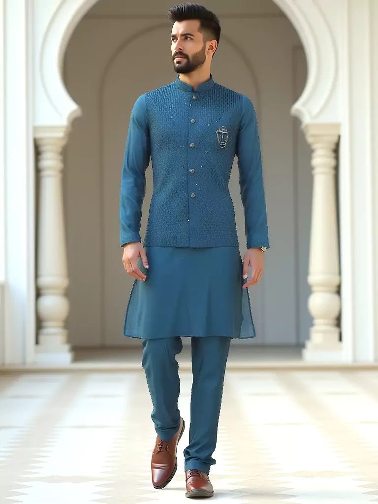 Image of Elegant Thread Embroidery Work Rama Colour Milky Silk Kurta Set - South India Shopping Mall