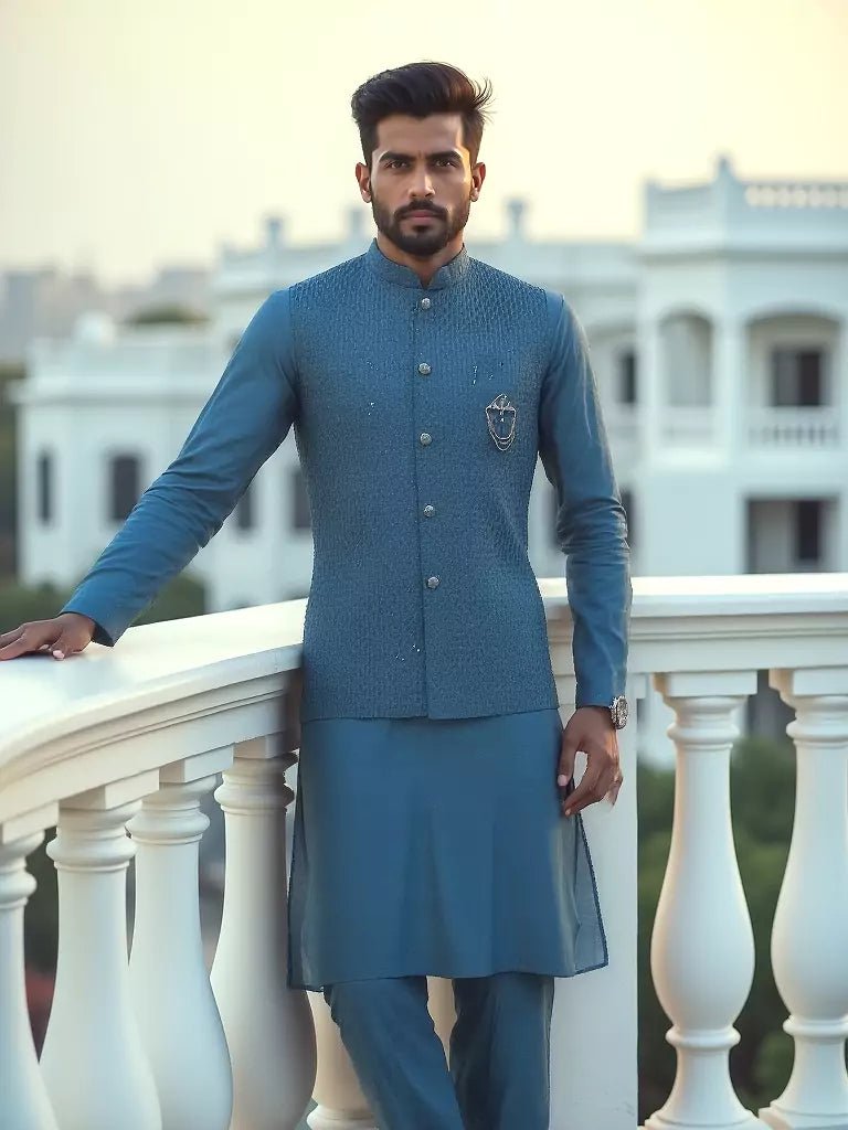 Image of Elegant Thread Embroidery Work Rama Colour Milky Silk Kurta Set - South India Shopping Mall