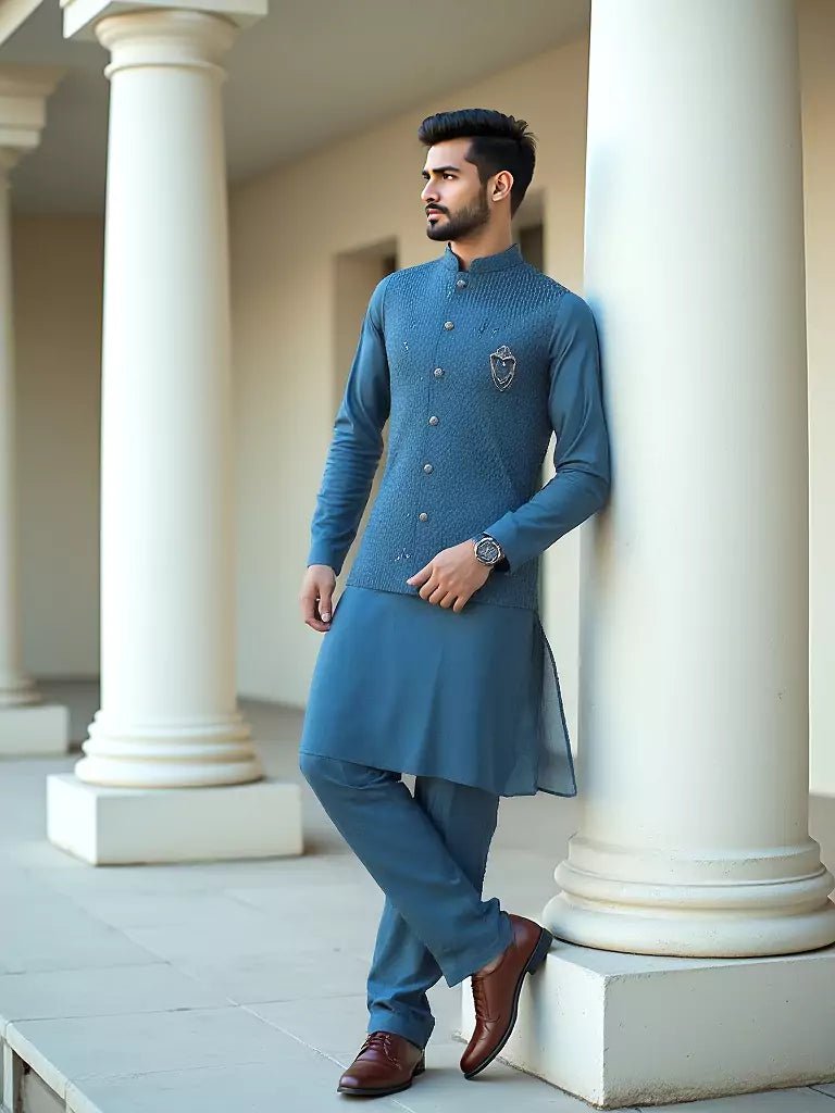 Image of Elegant Thread Embroidery Work Rama Colour Milky Silk Kurta Set - South India Shopping Mall