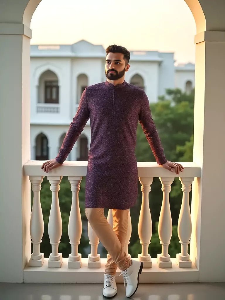 Image of Elegant Wine Color Brocade Design Jacquard Kurta Set - South India Shopping Mall