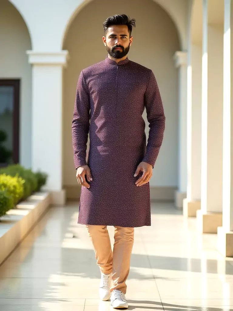 Image of Elegant Wine Color Brocade Design Jacquard Kurta Set - South India Shopping Mall