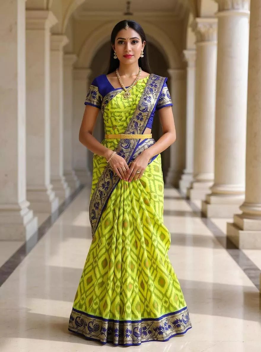 Image of Elegant Yellow Color Ikat Pattern Coimbatore Pure Silk Saree - South India Shopping Mall
