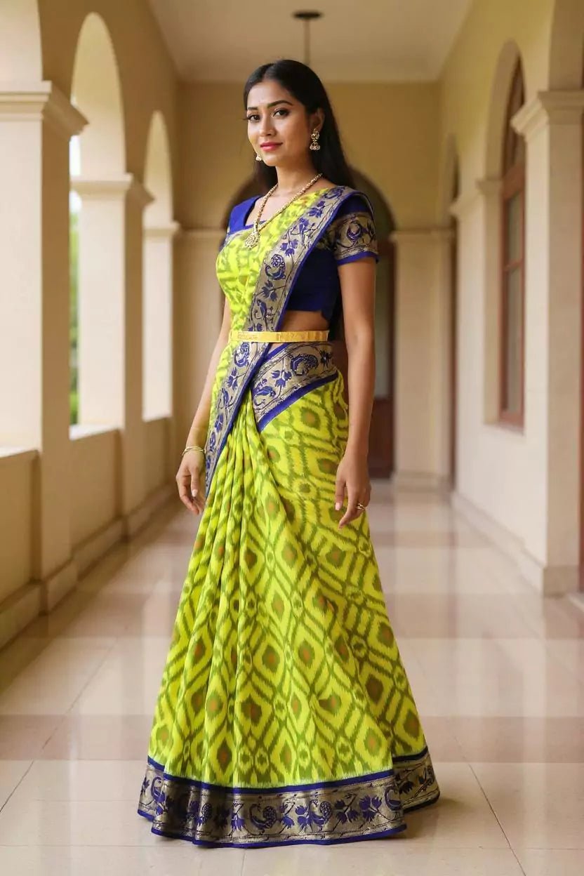 Image of Elegant Yellow Color Ikat Pattern Coimbatore Pure Silk Saree - South India Shopping Mall