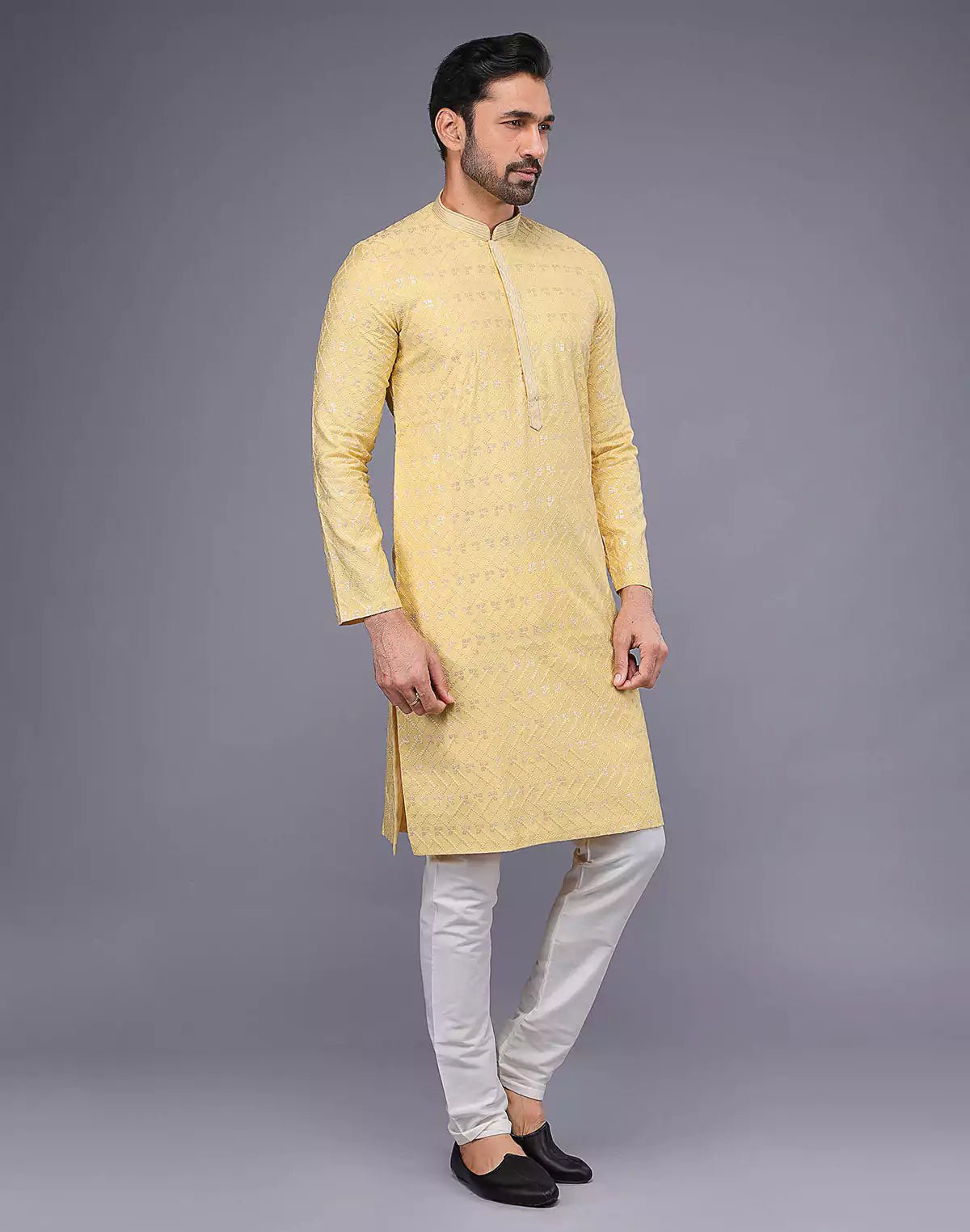 Image of Elegant Yellow Embellished With Thread Work Kurta Pyjama Set - South India Shopping Mall