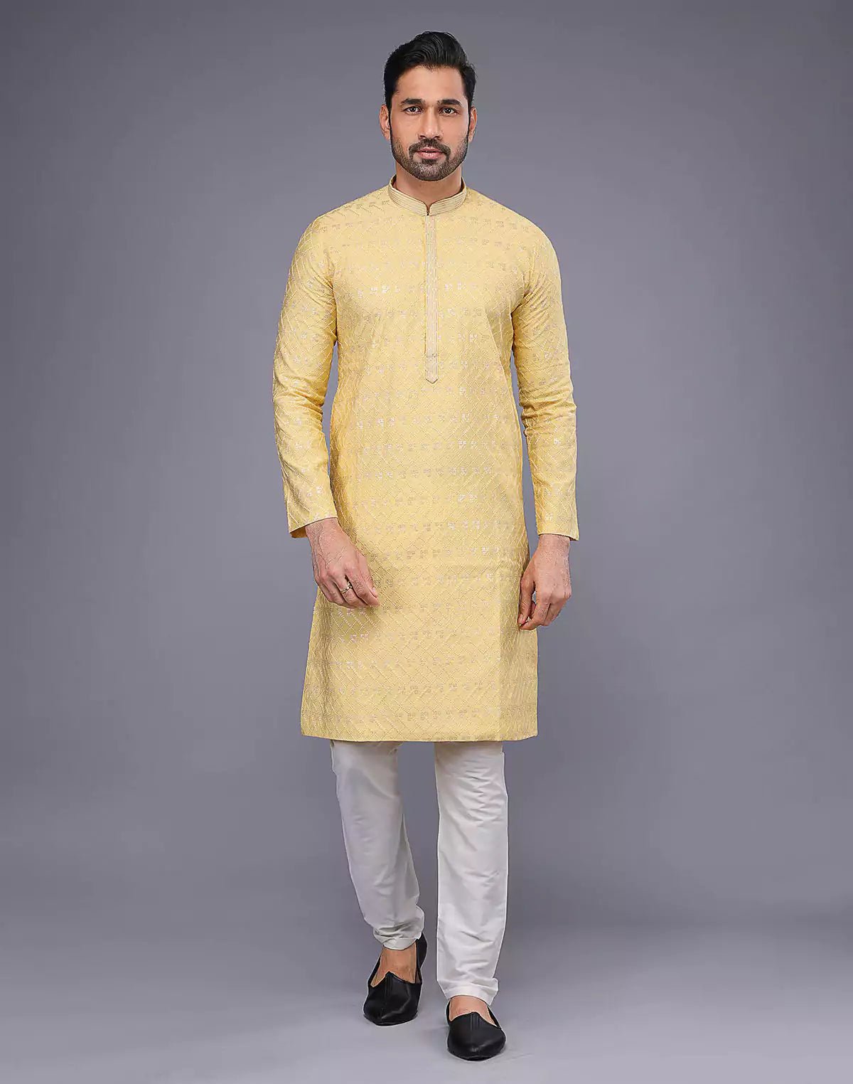 Image of Elegant Yellow Embellished With Thread Work Kurta Pyjama Set - South India Shopping Mall