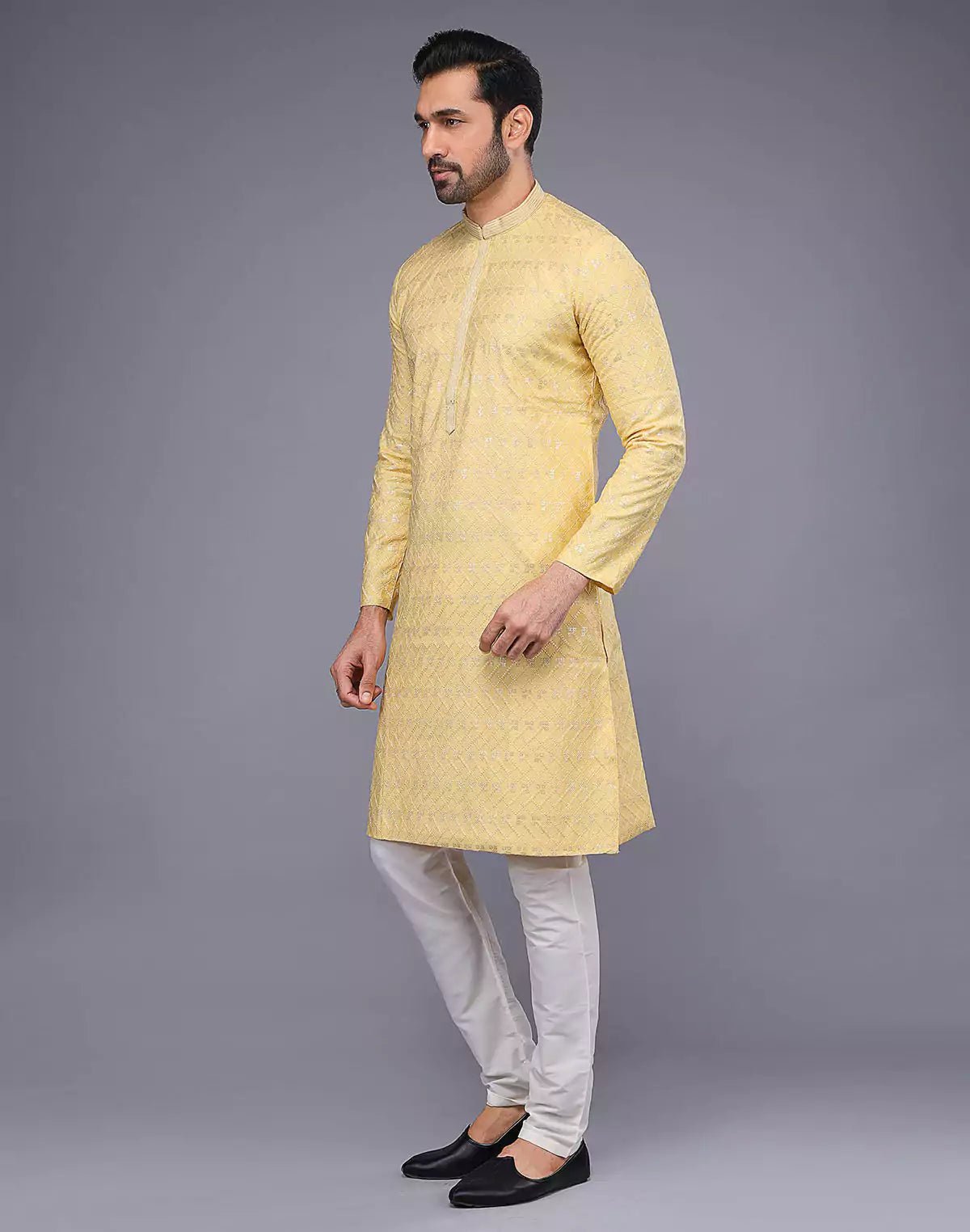 Image of Elegant Yellow Embellished With Thread Work Kurta Pyjama Set - South India Shopping Mall