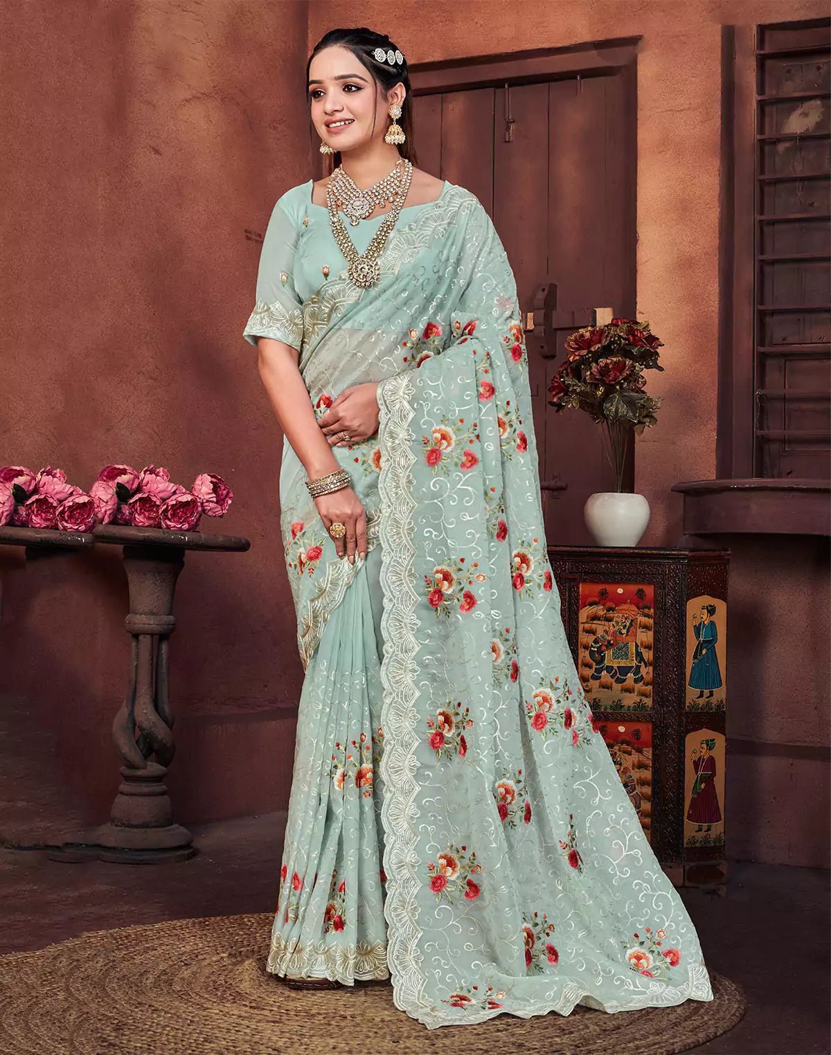 Image of Elegtant Digital Floral With Sequence Work Pista Green Saree - South India Shopping Mall