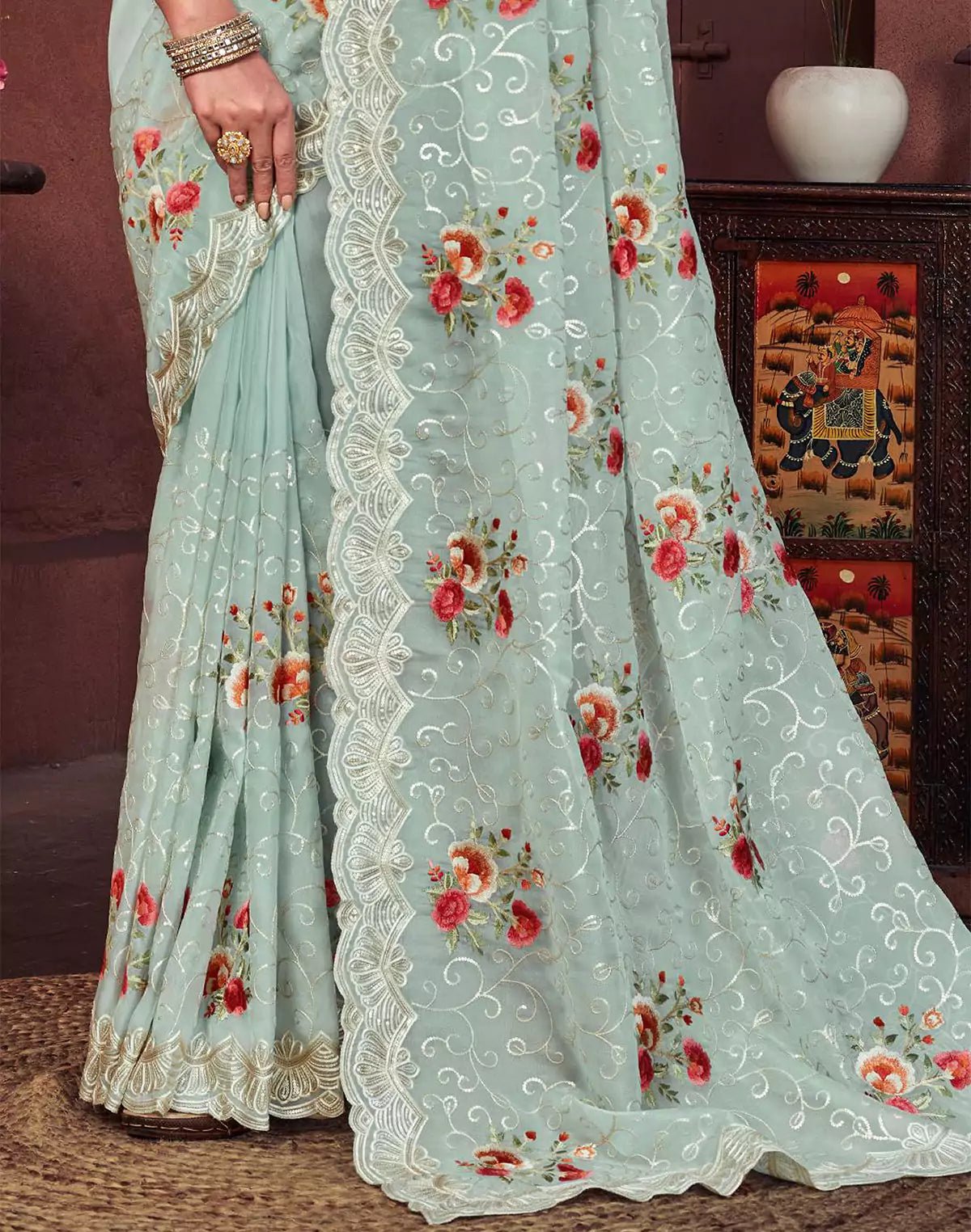 Image of Elegtant Digital Floral With Sequence Work Pista Green Saree - South India Shopping Mall