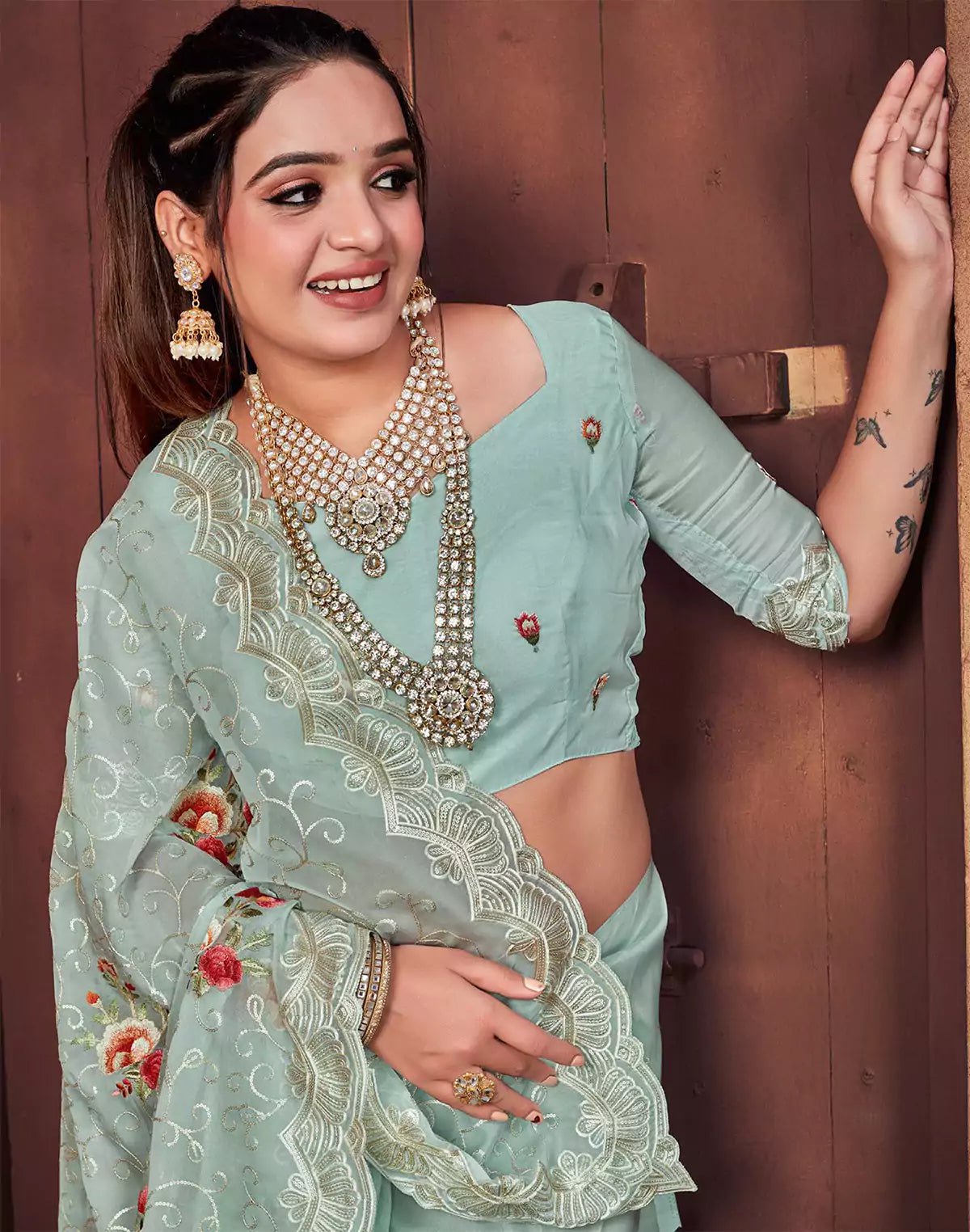 Image of Elegtant Digital Floral With Sequence Work Pista Green Saree - South India Shopping Mall