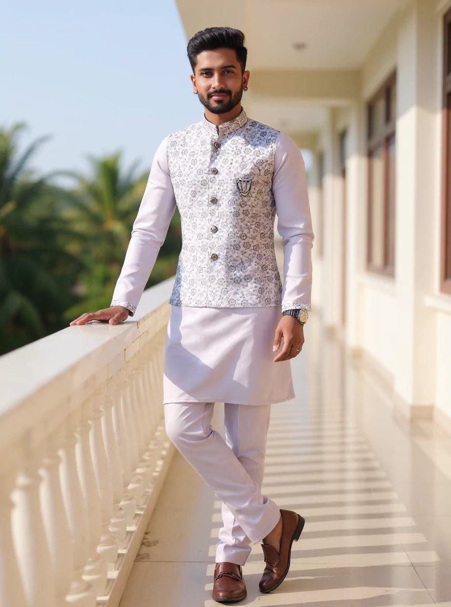 Image of Embroidered Floral Cotton Silk Onion Kurta Jacket Set - South India Shopping Mall